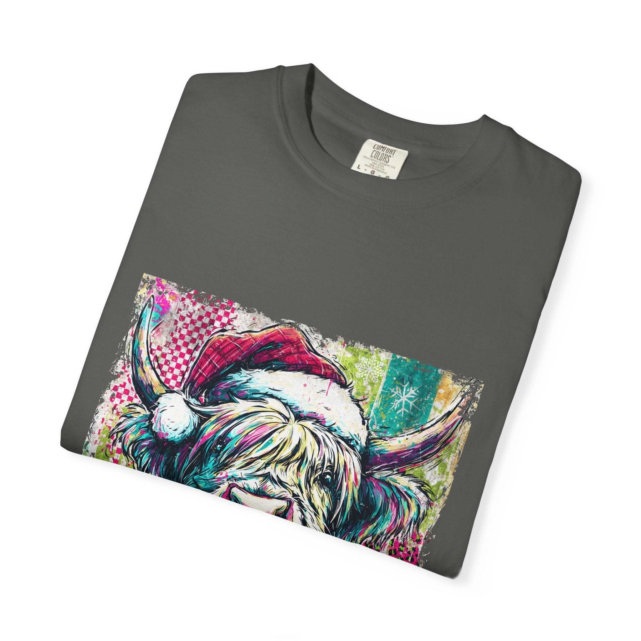 Retro Santa Highland Cow graphic on green cotton T-shirt