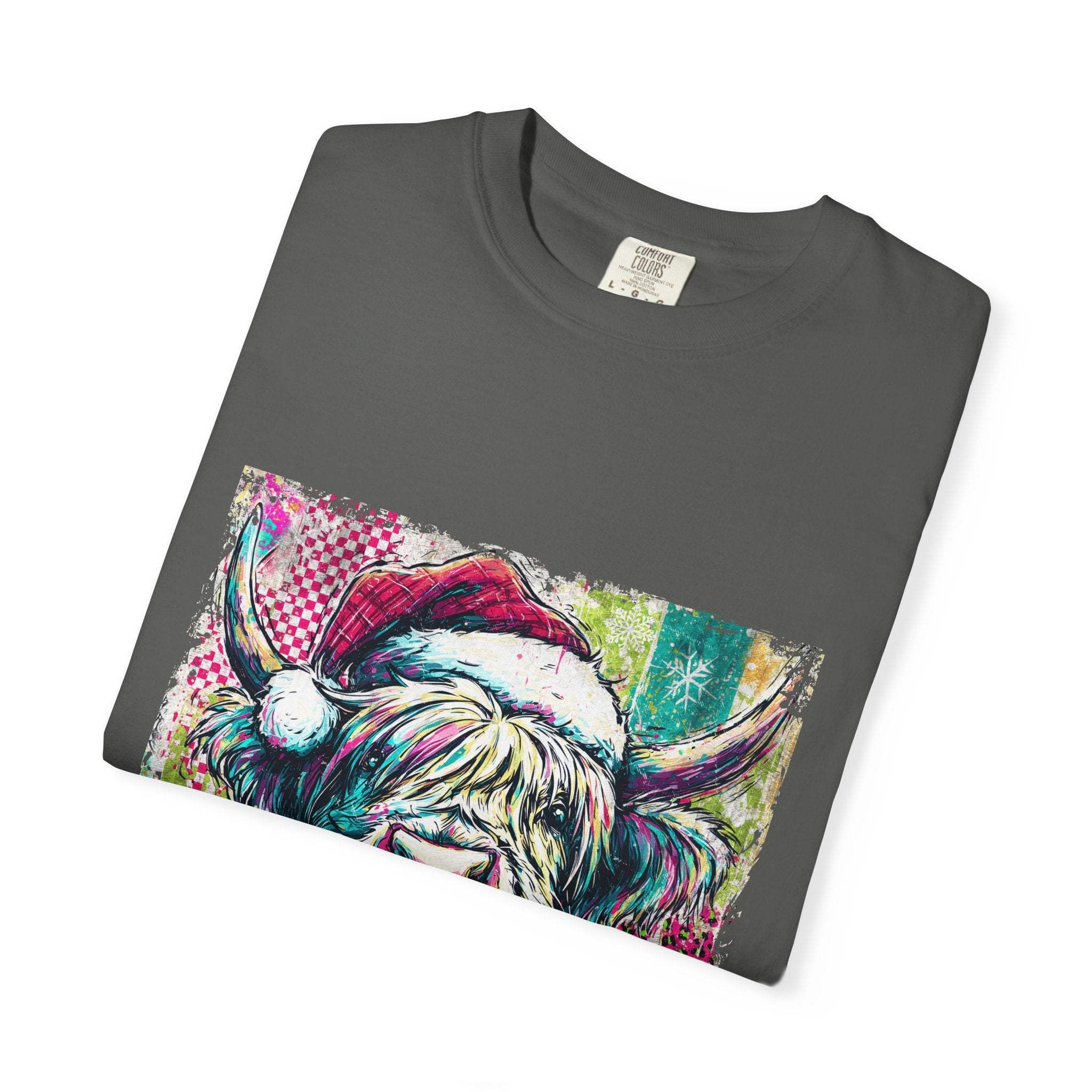 Retro Santa Highland Cow graphic on green cotton T-shirt