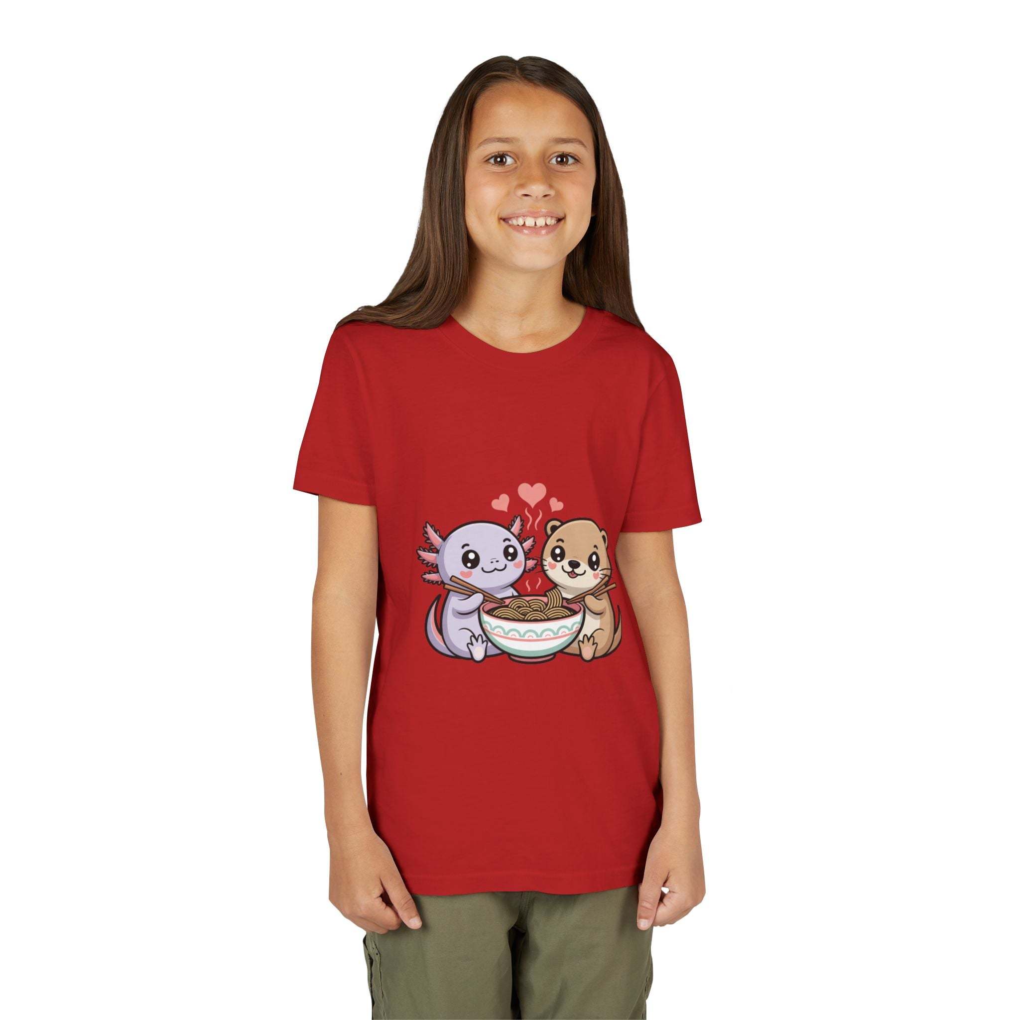 Cute kawaii animal kids shirt with axolotl and otter eating ramen on lightweight cotton tee