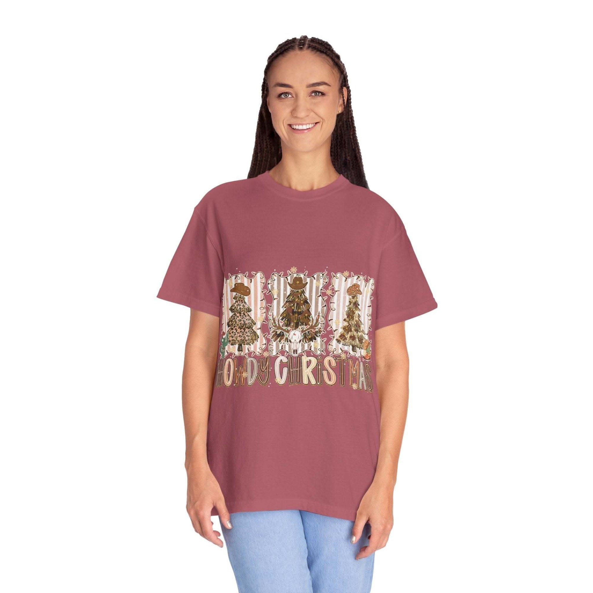Cowboy Howdy Christmas t-shirt with festive cowboy tree design in soft cotton fabric