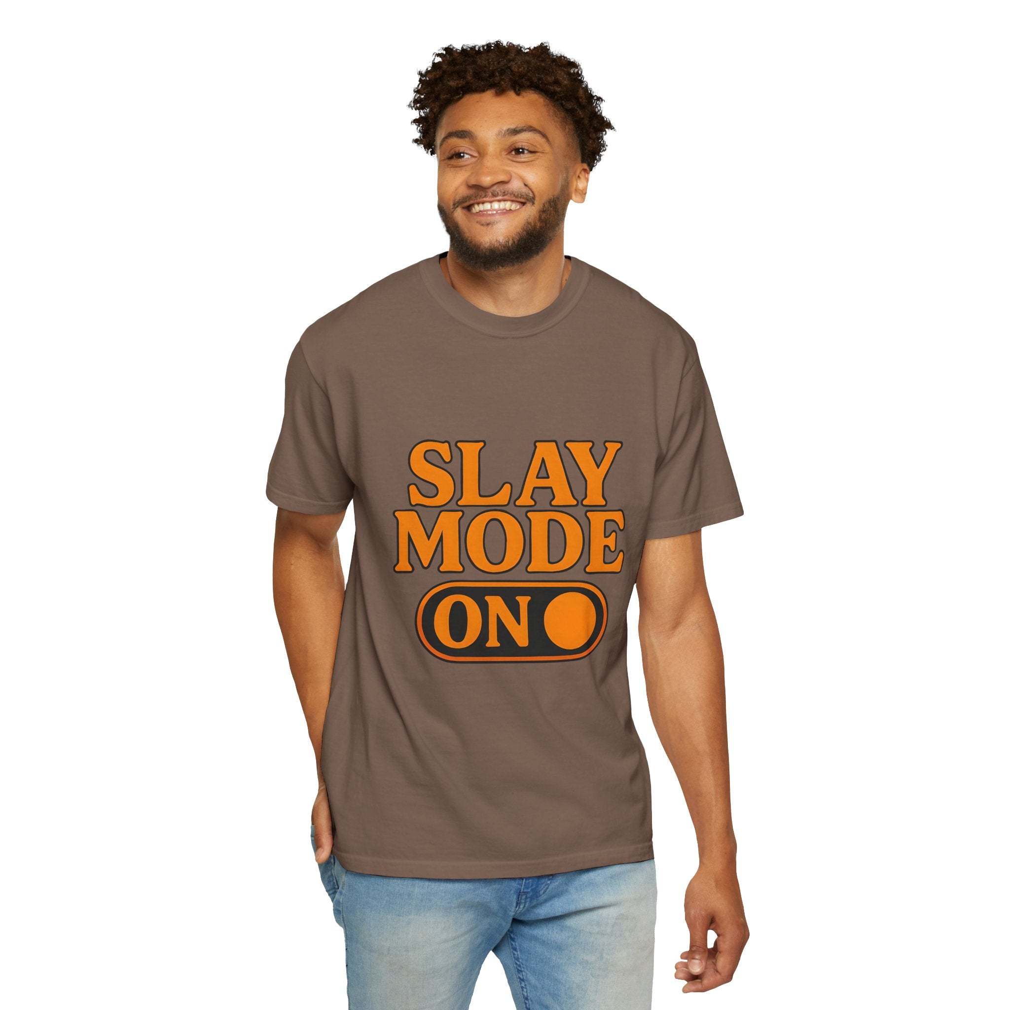 Garment-dyed brown Slay Mode On tee made from 100% cotton with bold orange text, perfect casual motivational shirt