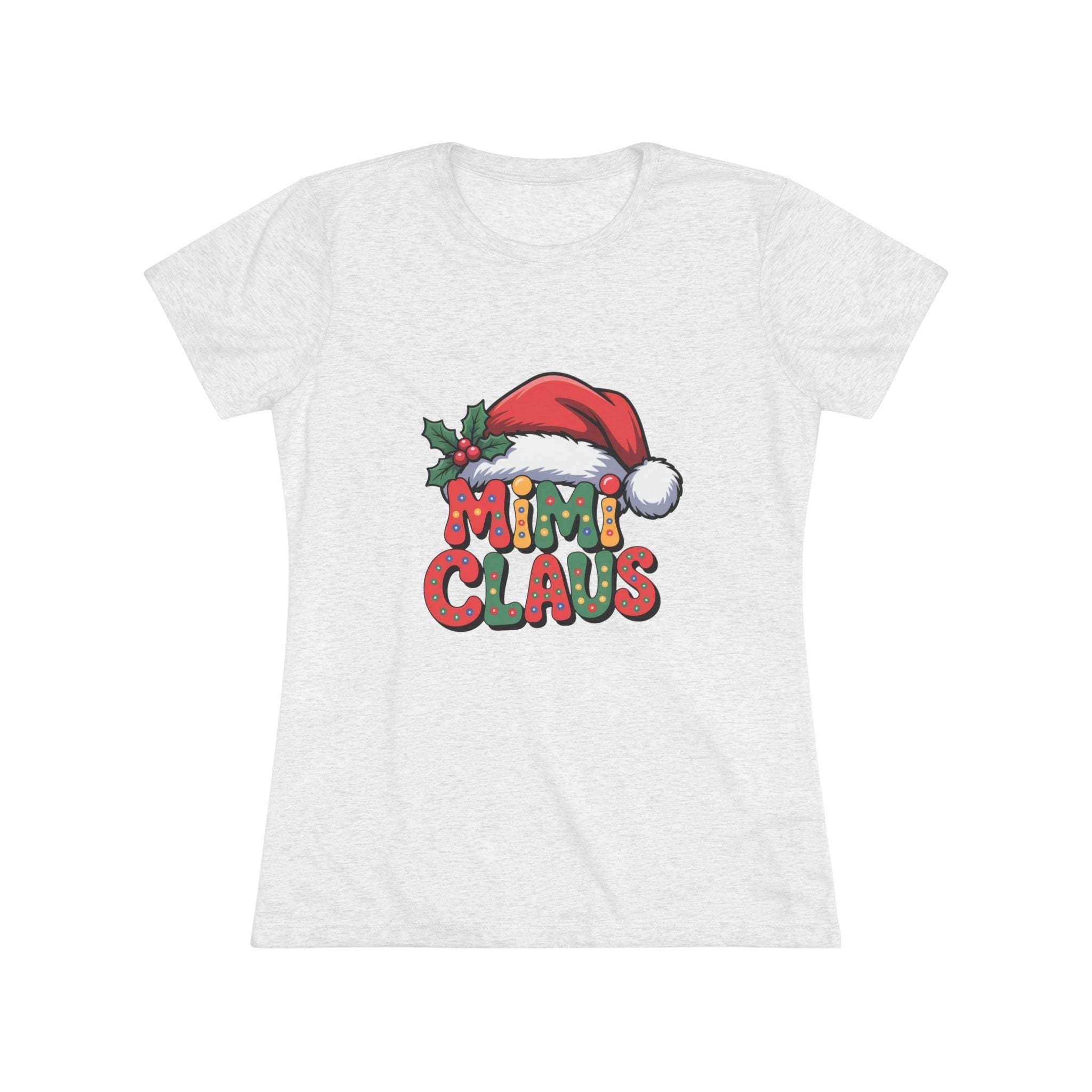 Women T-shirt with festive Mimi Claus design and Santa hat in soft triblend fabric for Christmas holiday