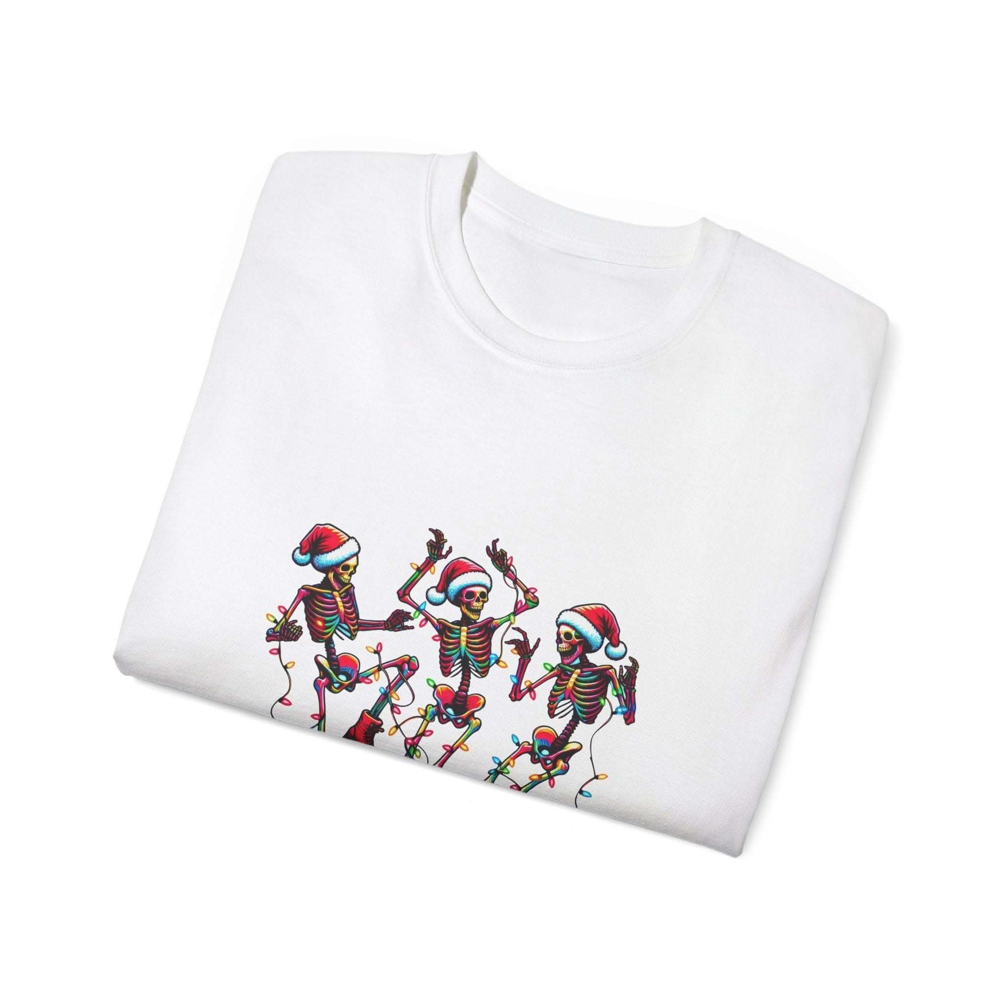 White Christmas Dancing Skeletons t-shirt by Printify, festive design perfect for holiday celebrations
