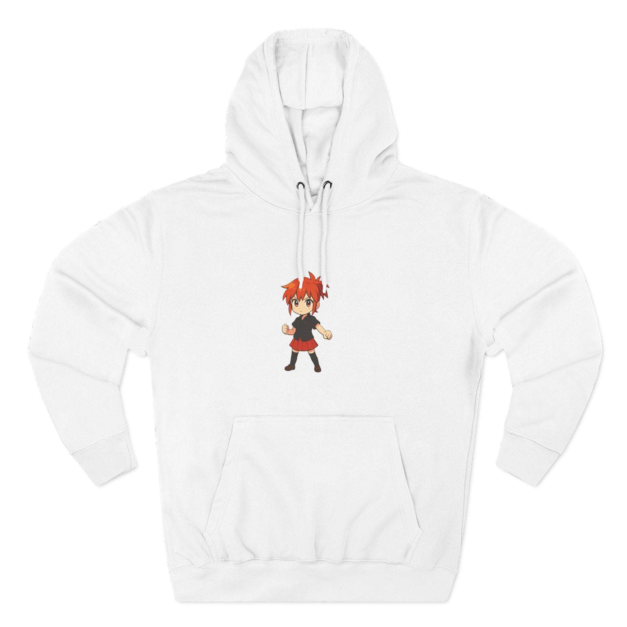 White fleece hoodie with anime girl graphic and adjustable hood for anime fans