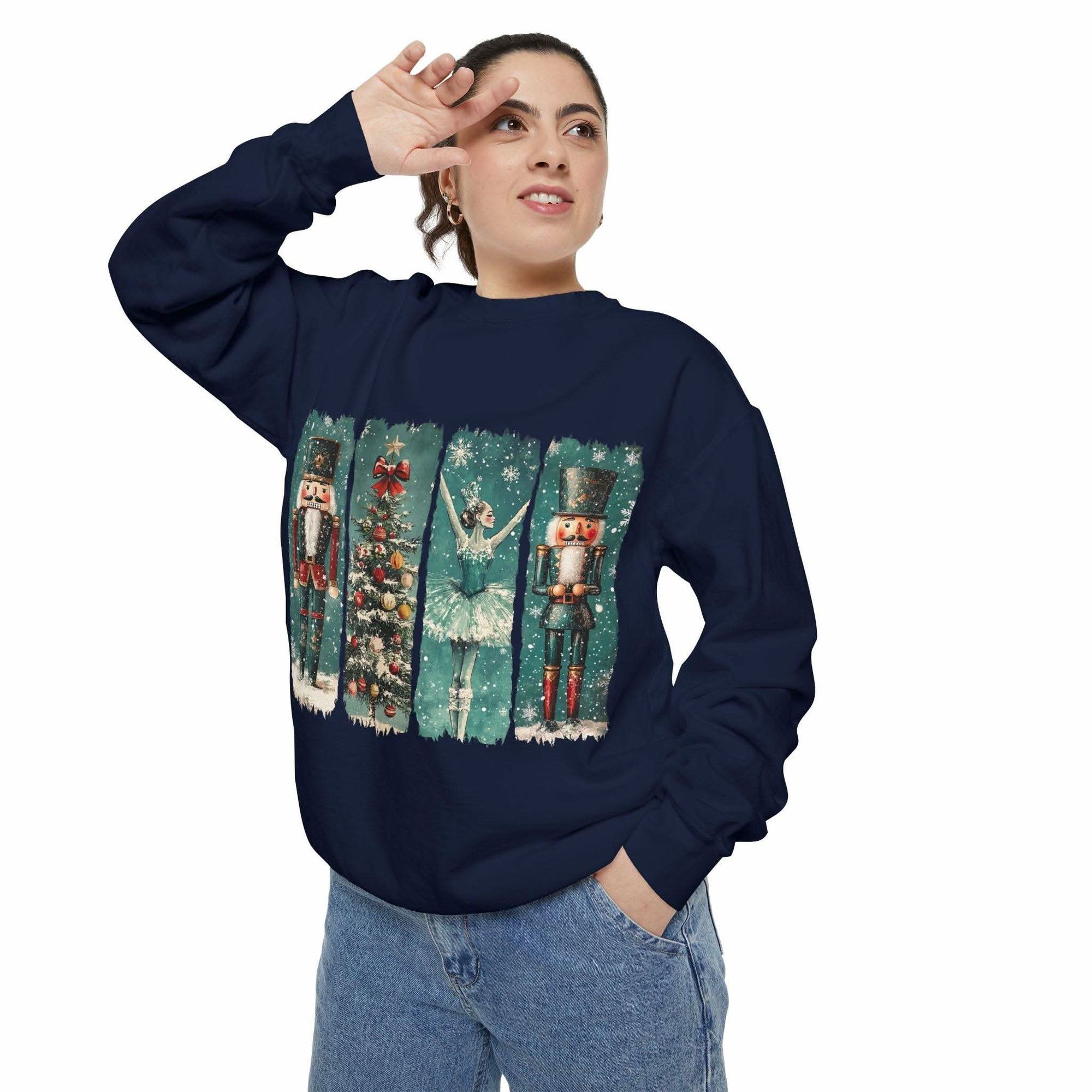 Woman wearing navy Vintage Christmas Nutcracker sweatshirt with holiday-themed nutcracker and ballerina print
