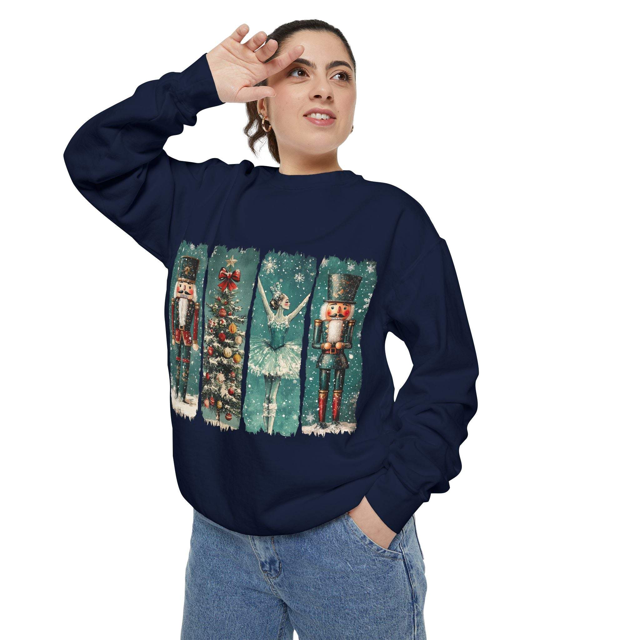 Woman wearing navy Vintage Christmas Nutcracker sweatshirt with holiday-themed nutcracker and ballerina print