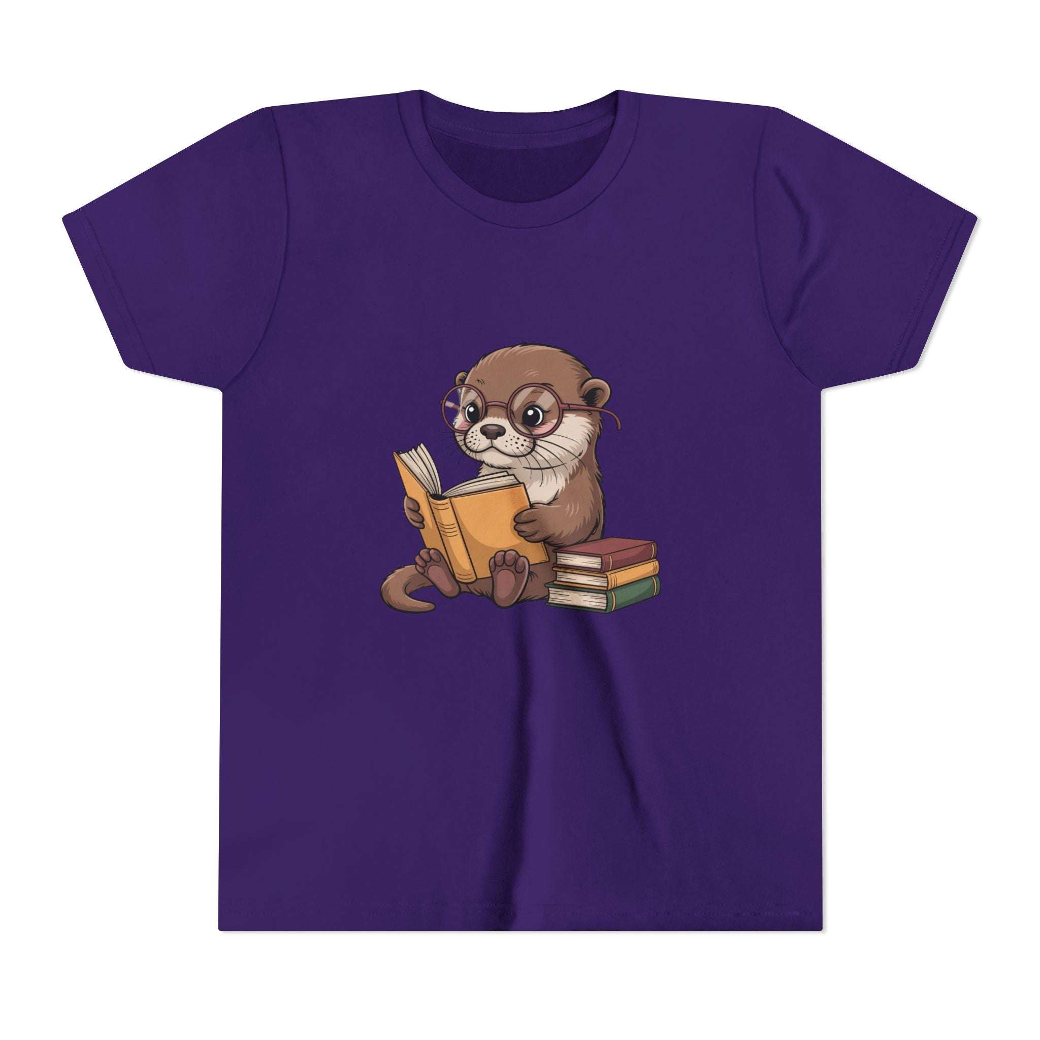 Purple t-shirt with an otter reading a book graphic on a white background