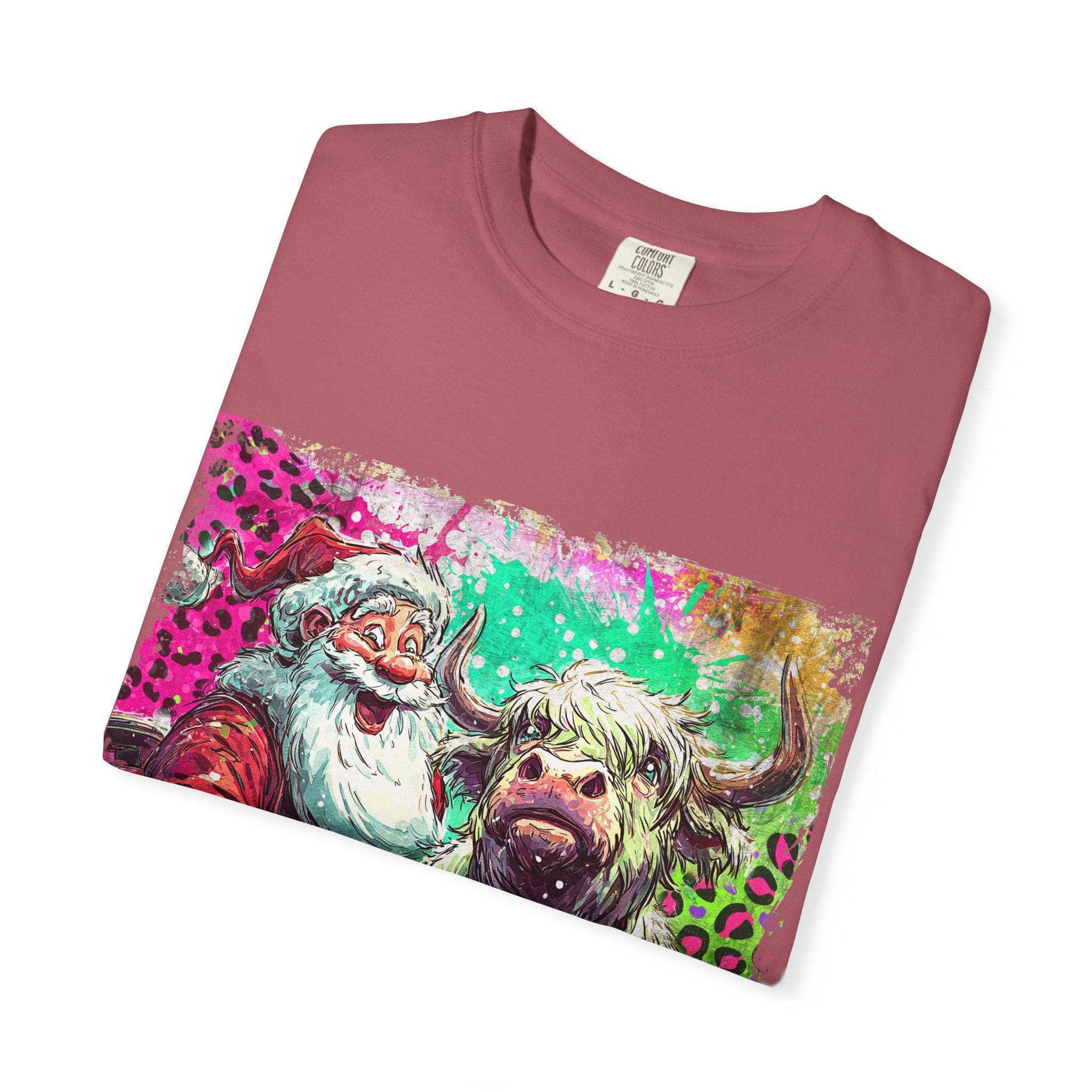 Retro Santa and Highland Cow graphic on a black t-shirt by Printify, perfect for festive holiday wear.