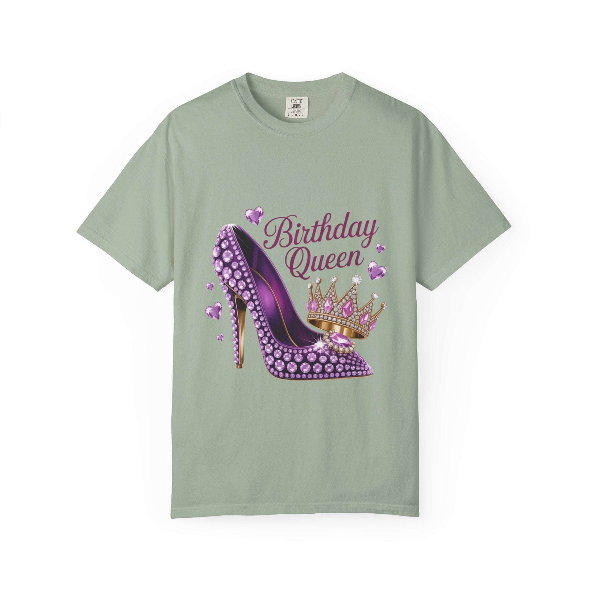 Black cotton Birthday Queen high heel t-shirt, stylish and garment dyed, from Printify