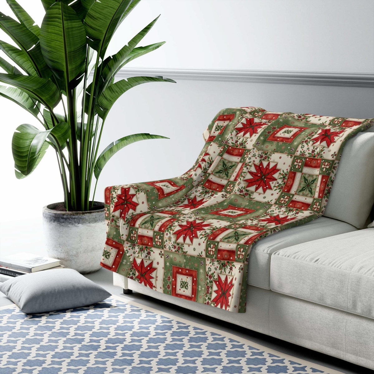 Vintage Christmas Patchwork Sherpa Blanket with plush fleece and festive patchwork design