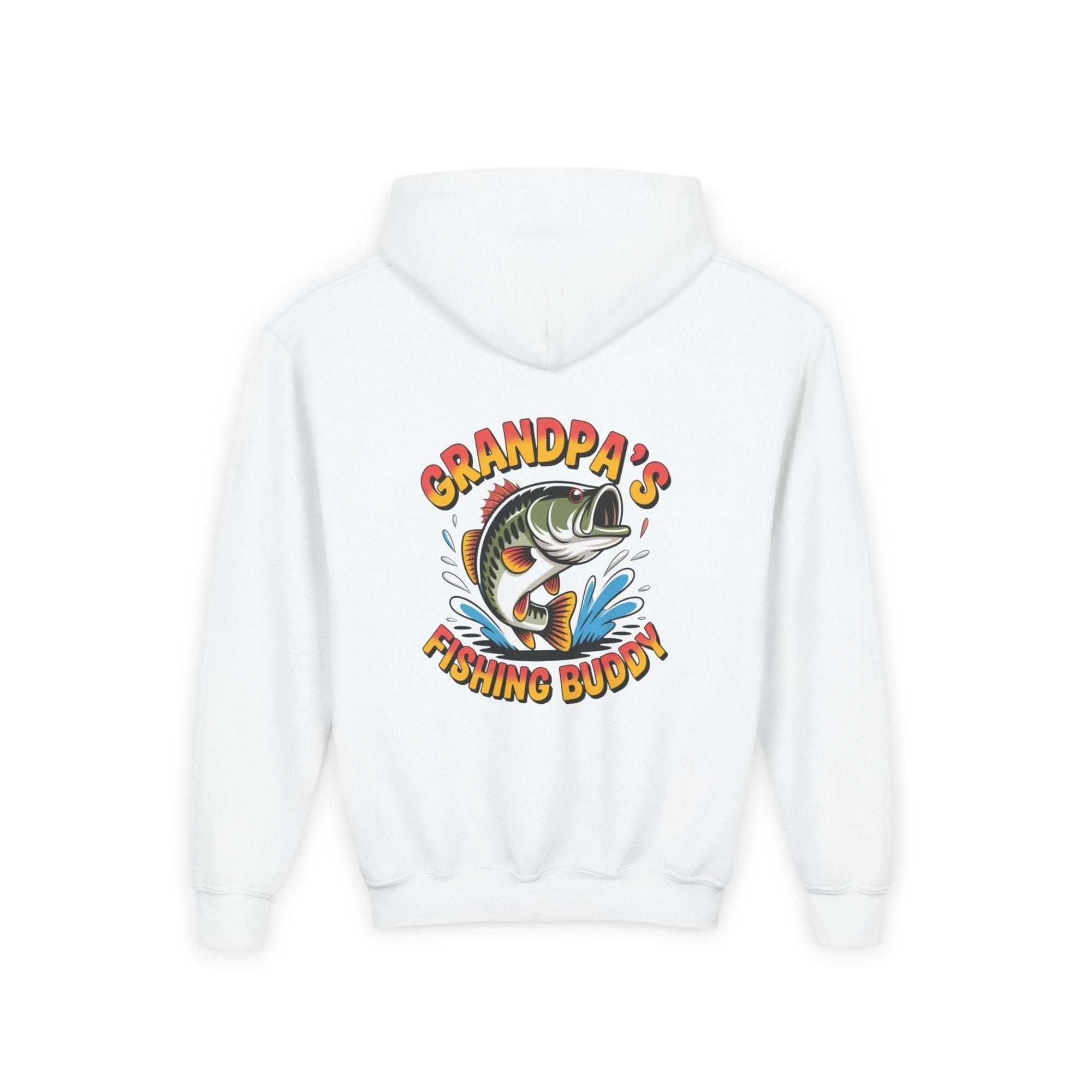 Youth hooded sweatshirt with embroidered Grandpas Fishing Buddy design and kangaroo pocket