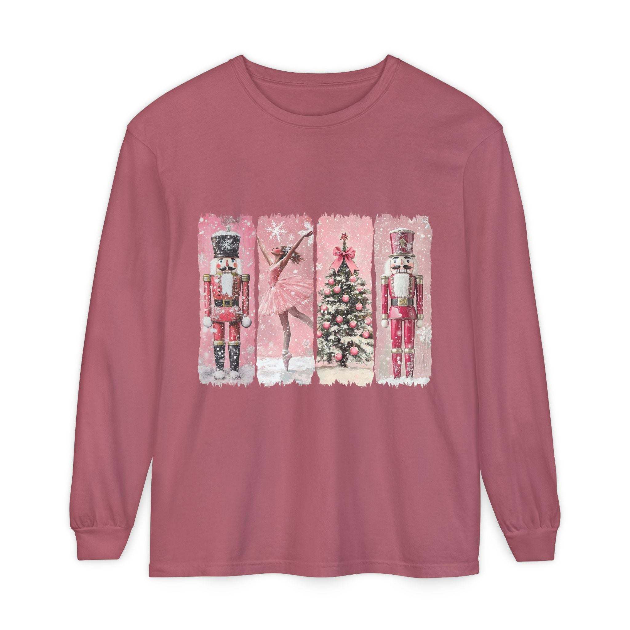 Preppy pink long sleeve t-shirt with watercolor Nutcracker and Christmas tree design, Christmas holiday shirt