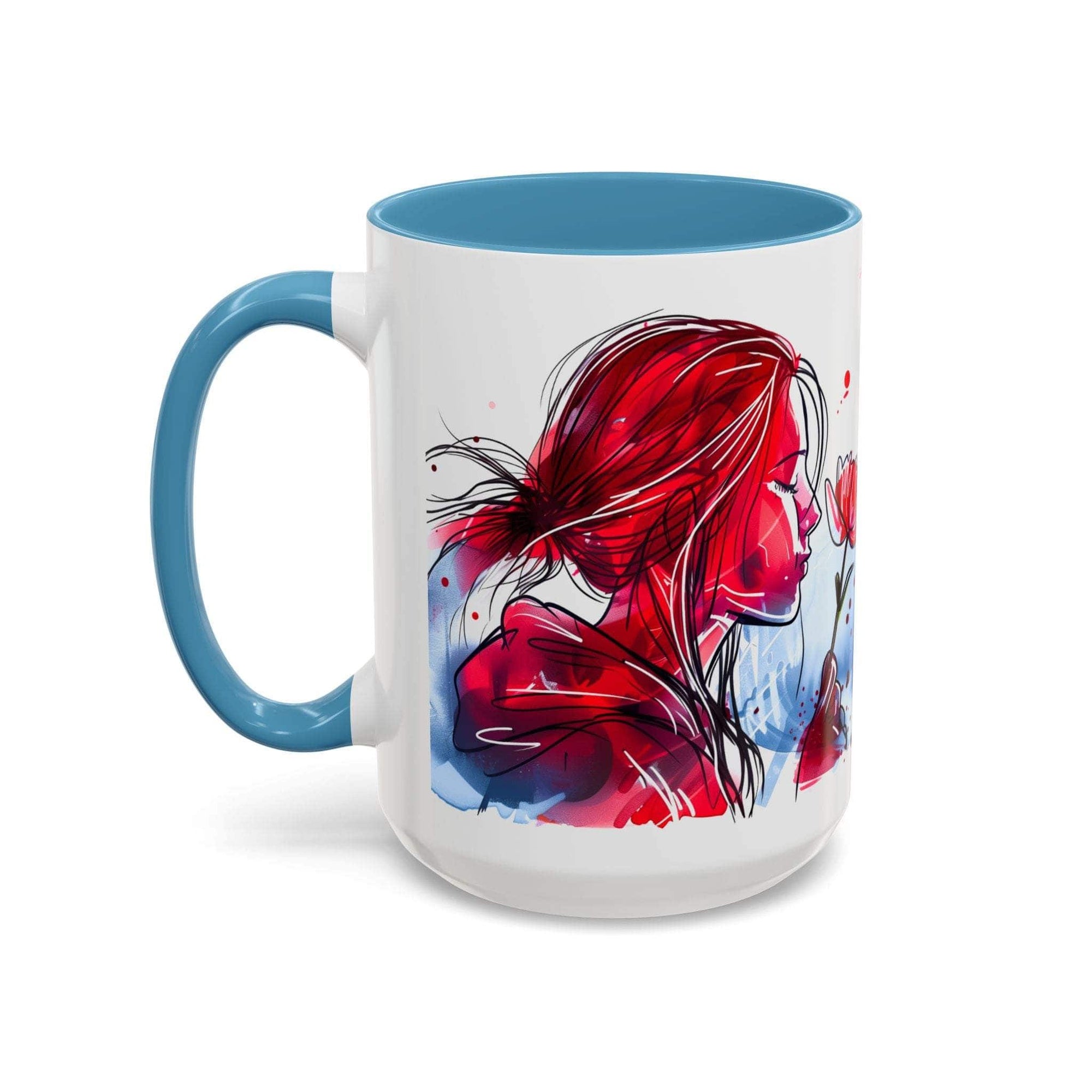 Mug with a red and blue floral design on a white background