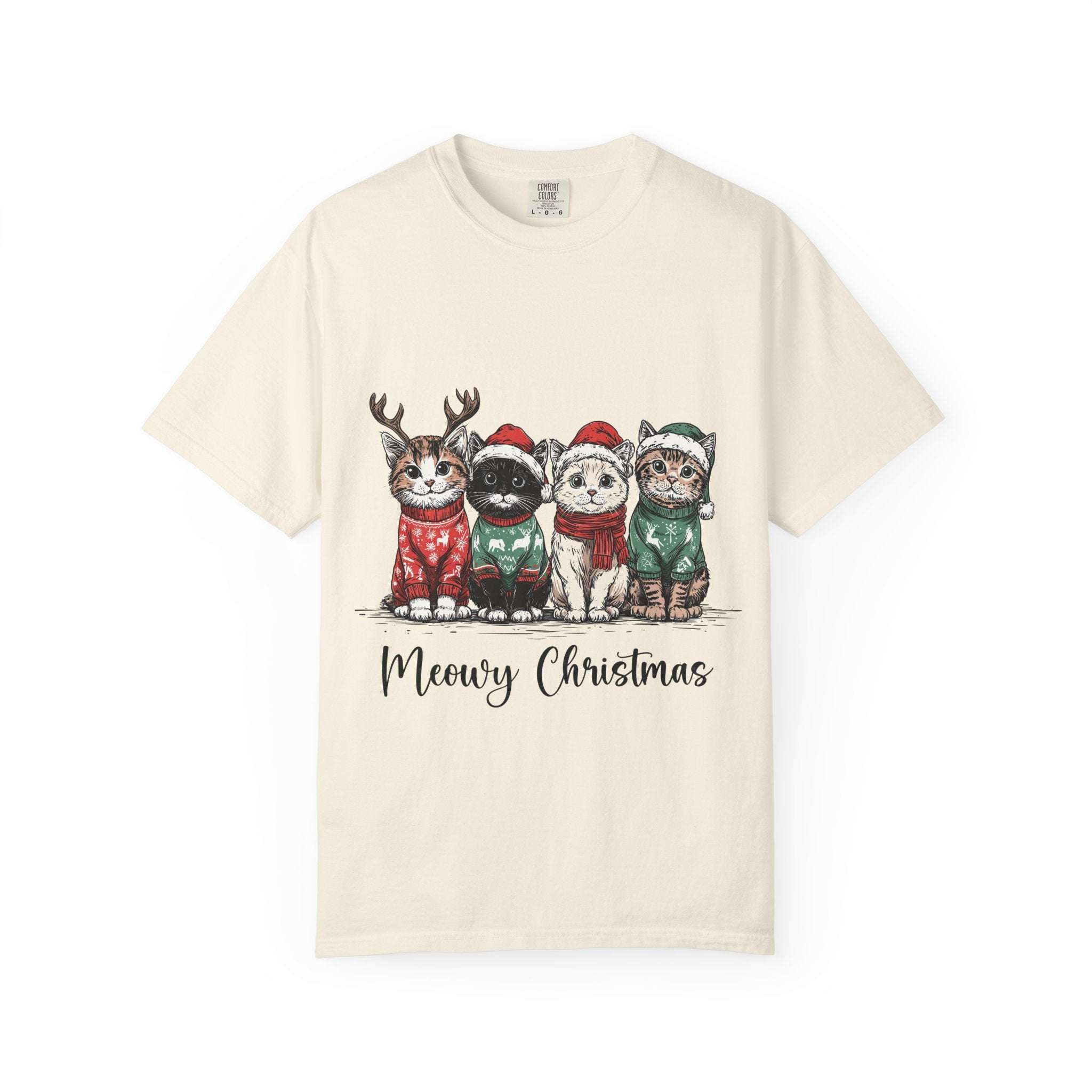 Bay t-shirt featuring a festive Meowy Christmas cat design, perfect for cat lovers and holiday gifting by Printify.