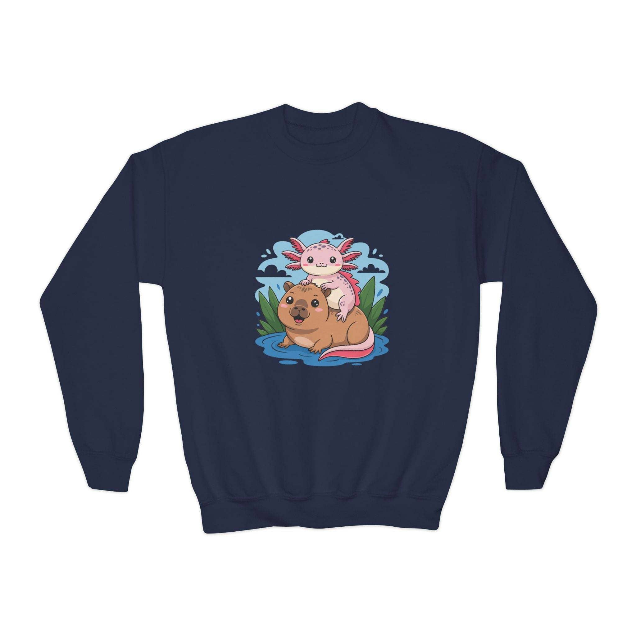 Navy blue sweatshirt with a cute illustration of a axolotl and dog on a white background