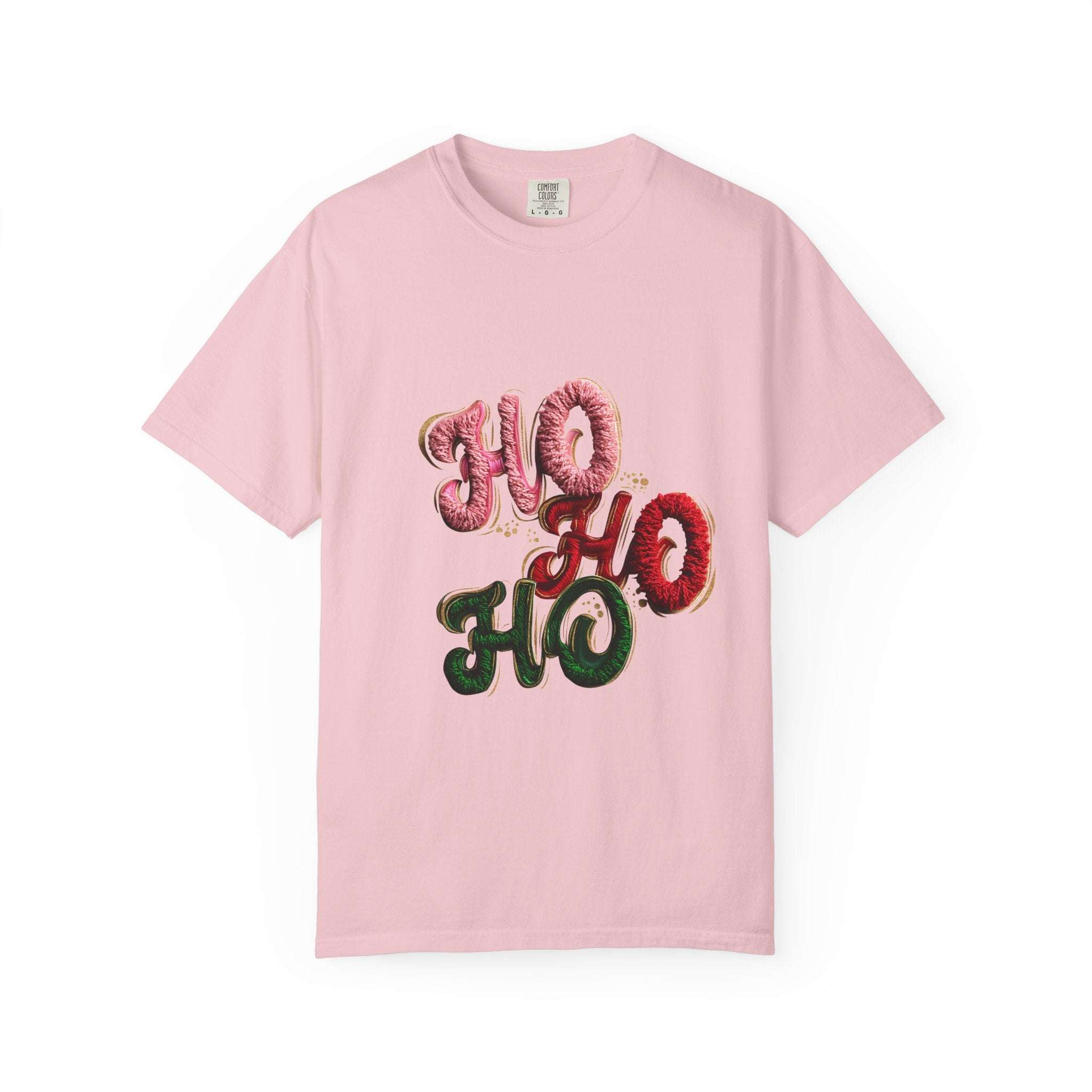 White Christmas graphic tee featuring faux puffy crochet 'Ho, Ho, Ho' design by Printify