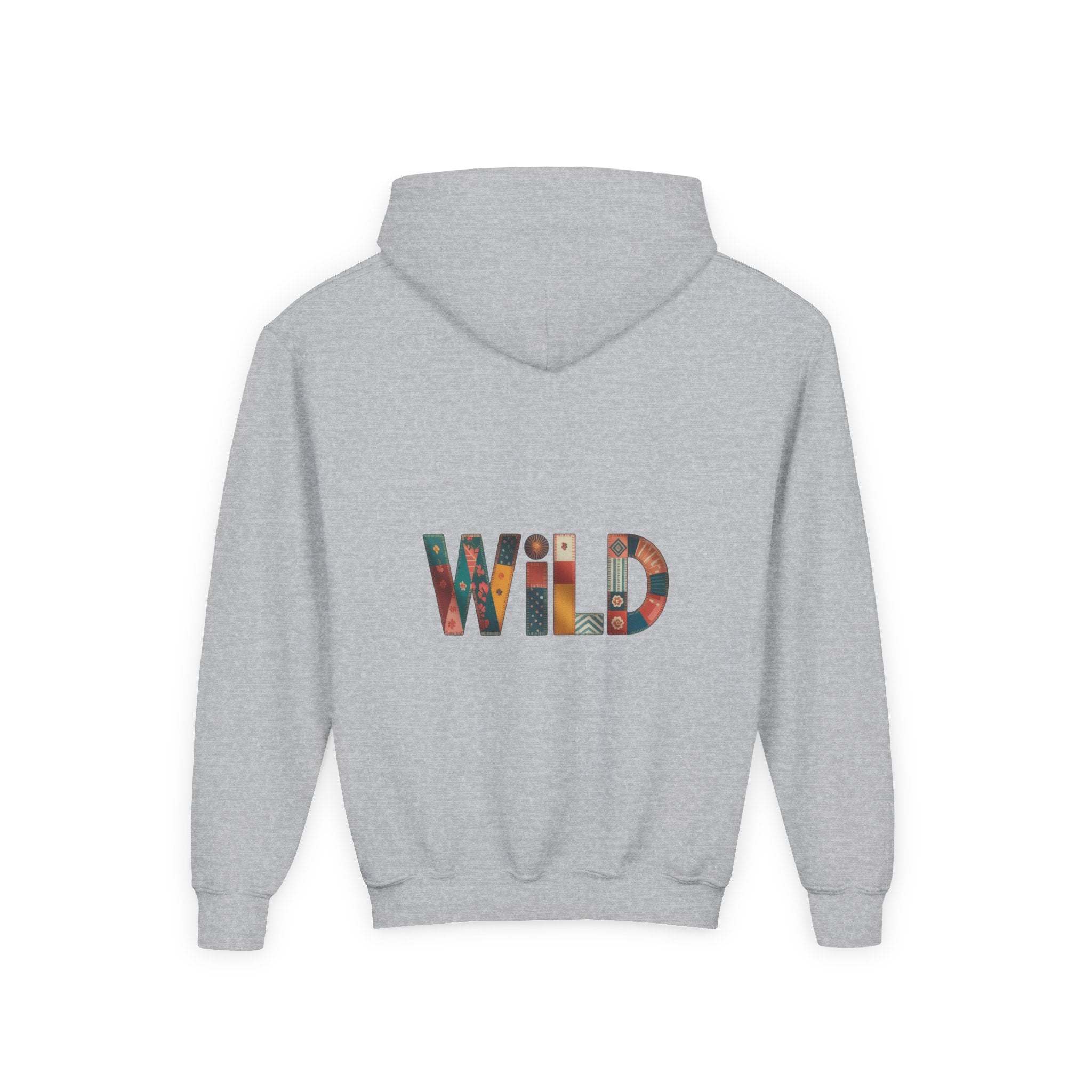 Back view of grey Patchwork Wild Word Hoodie for children with colorful "WILD" text and kangaroo pocket