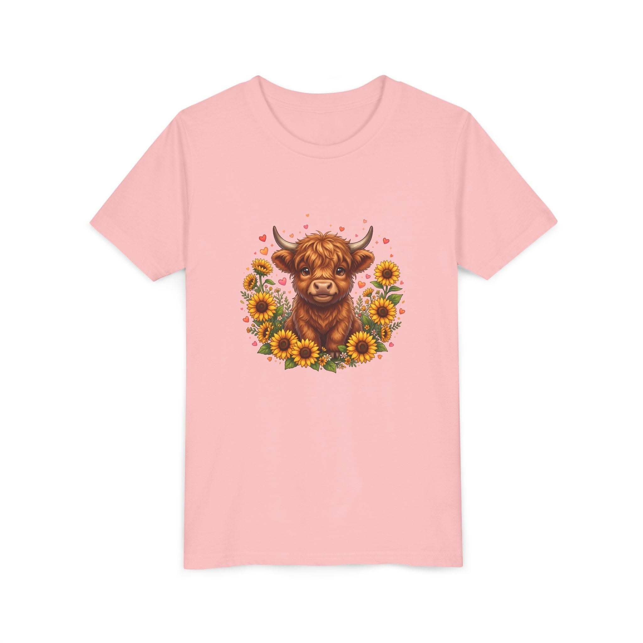 Youth tee featuring Highland cow with sunflowers design on soft cotton fabric