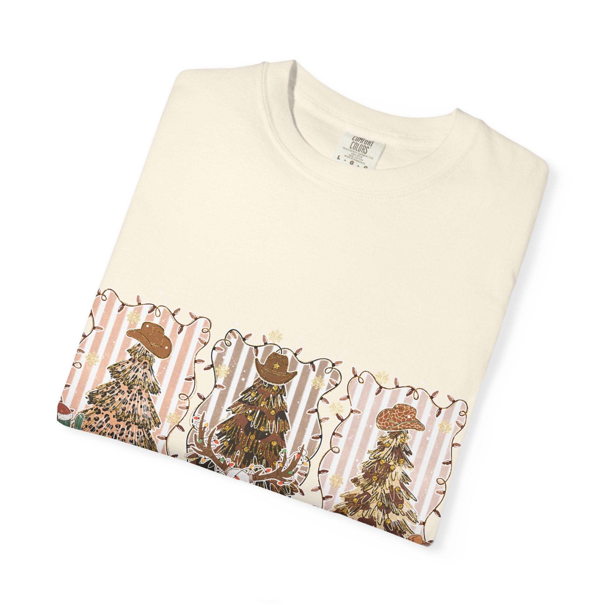 Cowboy Howdy Christmas t-shirt with festive cowboy tree design on cream ring-spun cotton fabric
