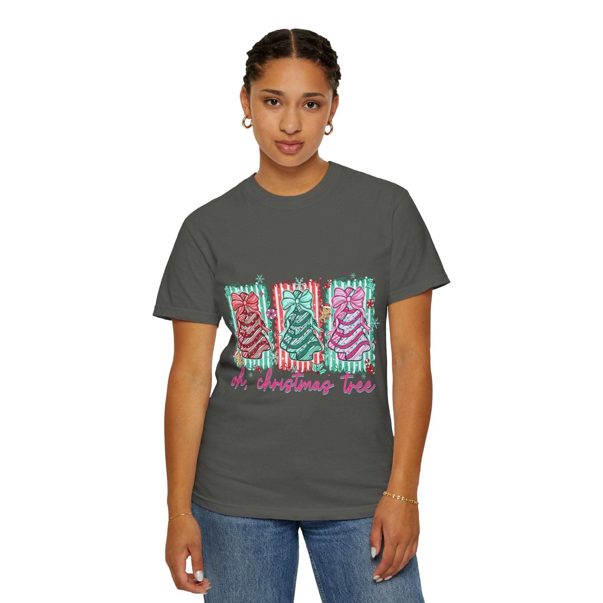 Oh Christmas Tree T-shirt with colorful decorated Christmas trees on cream garment-dyed fabric