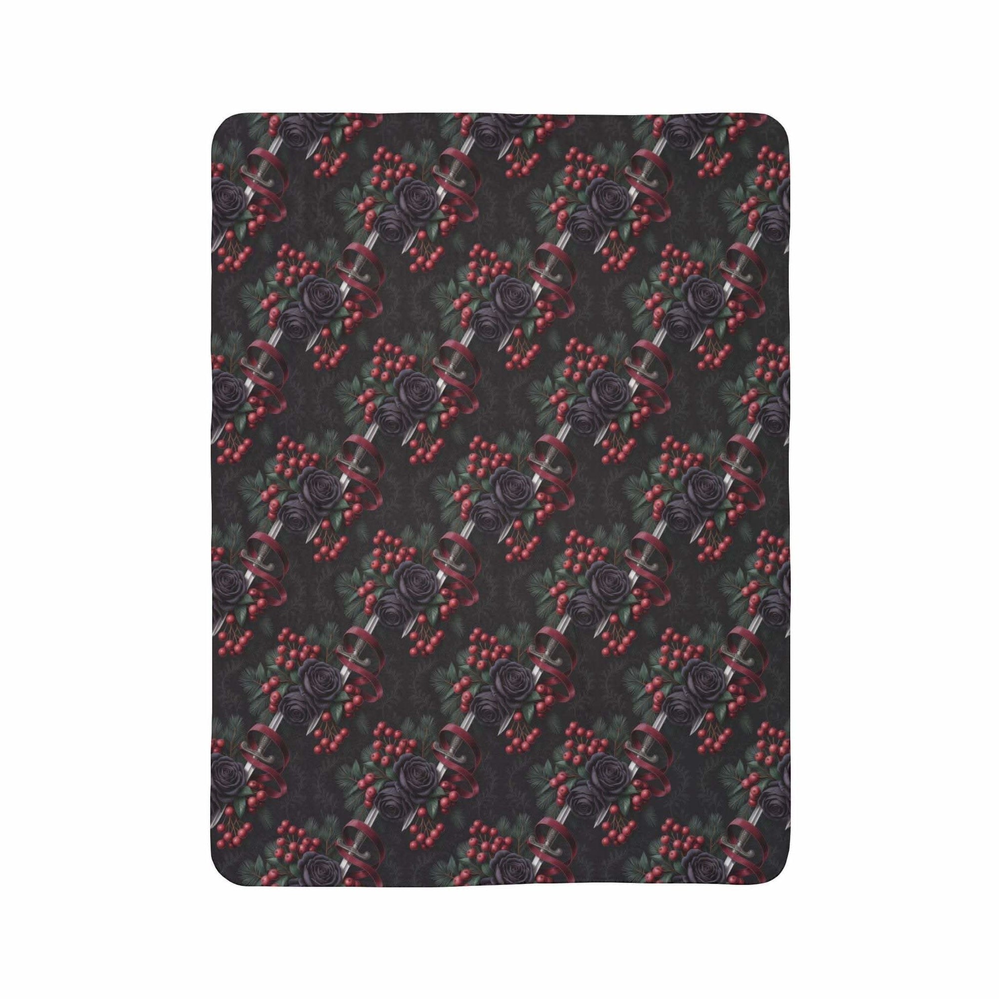 Gothmas Black Roses & Daggers fleece sherpa blanket with dark floral and dagger design on plush fabric