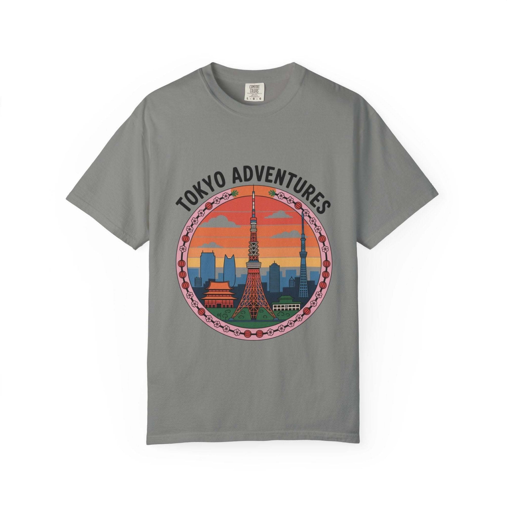 Garment-dyed gray T-shirt with Tokyo Adventures travel graphic and city skyline design