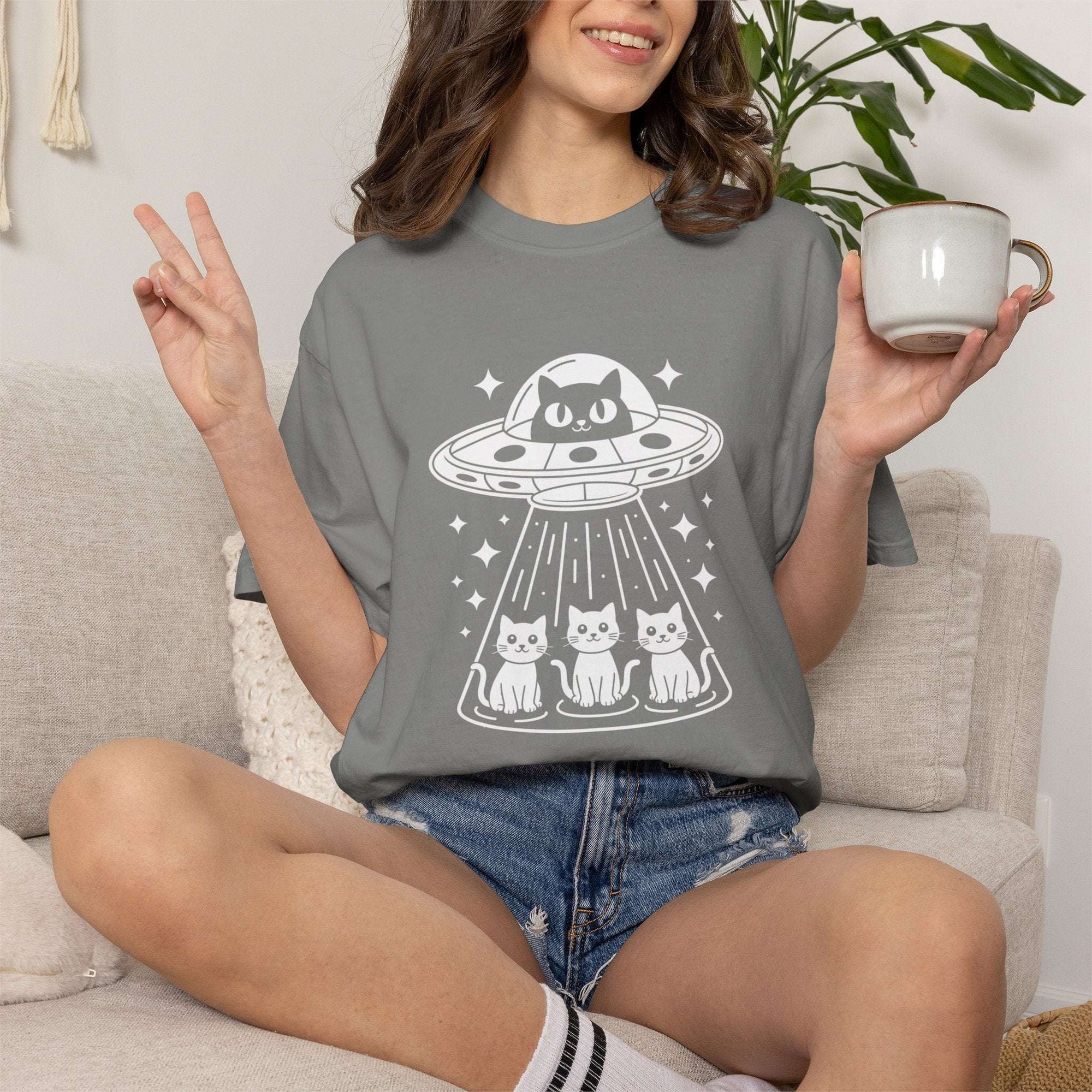 Surreal Cat UFO Abduction T-Shirt | Weirdcore Alien Graphic Tee | Comfort Colors Extraterrestrial Top