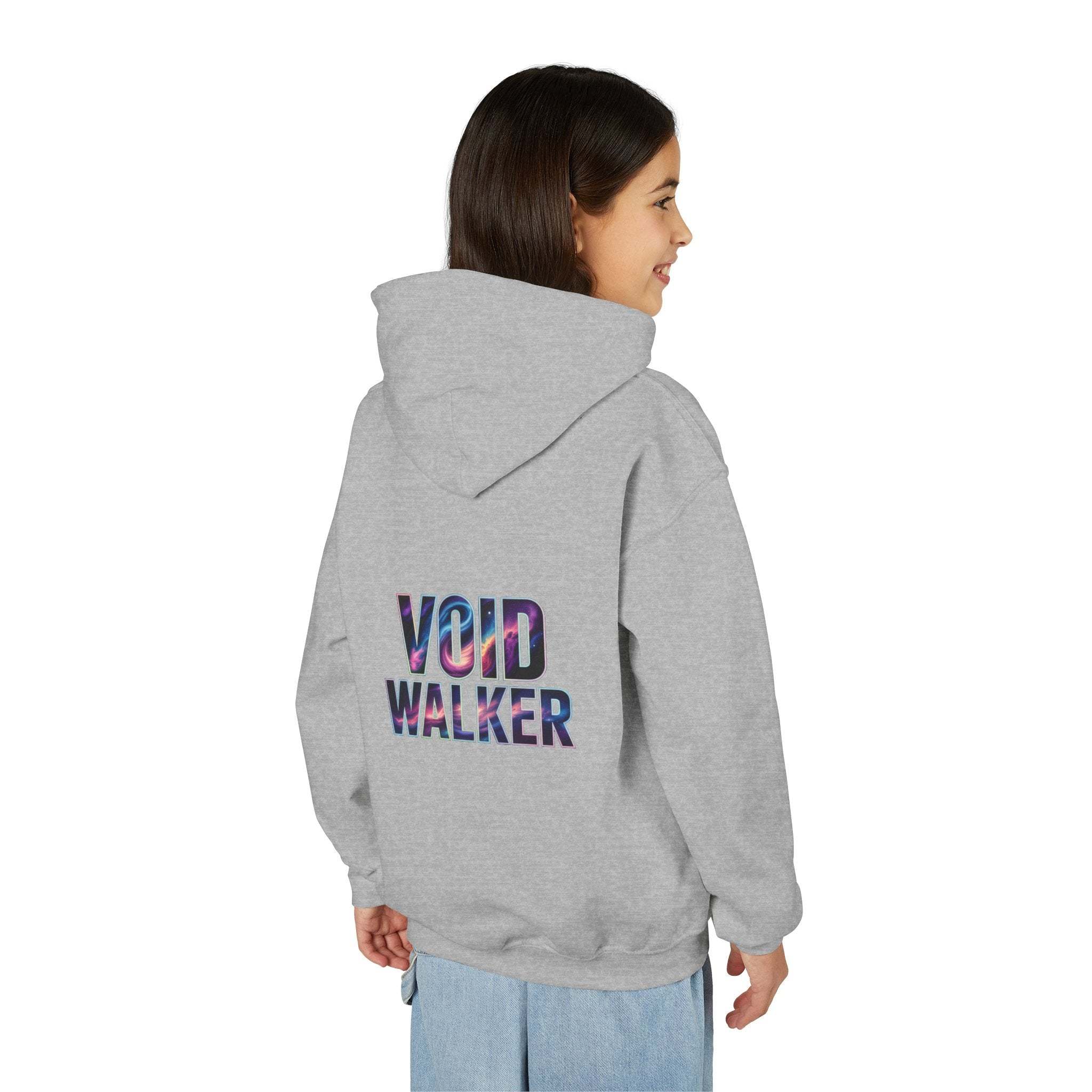 Child wearing gray Galaxy Hoodie with colorful "Void Walker" galaxy print on the back