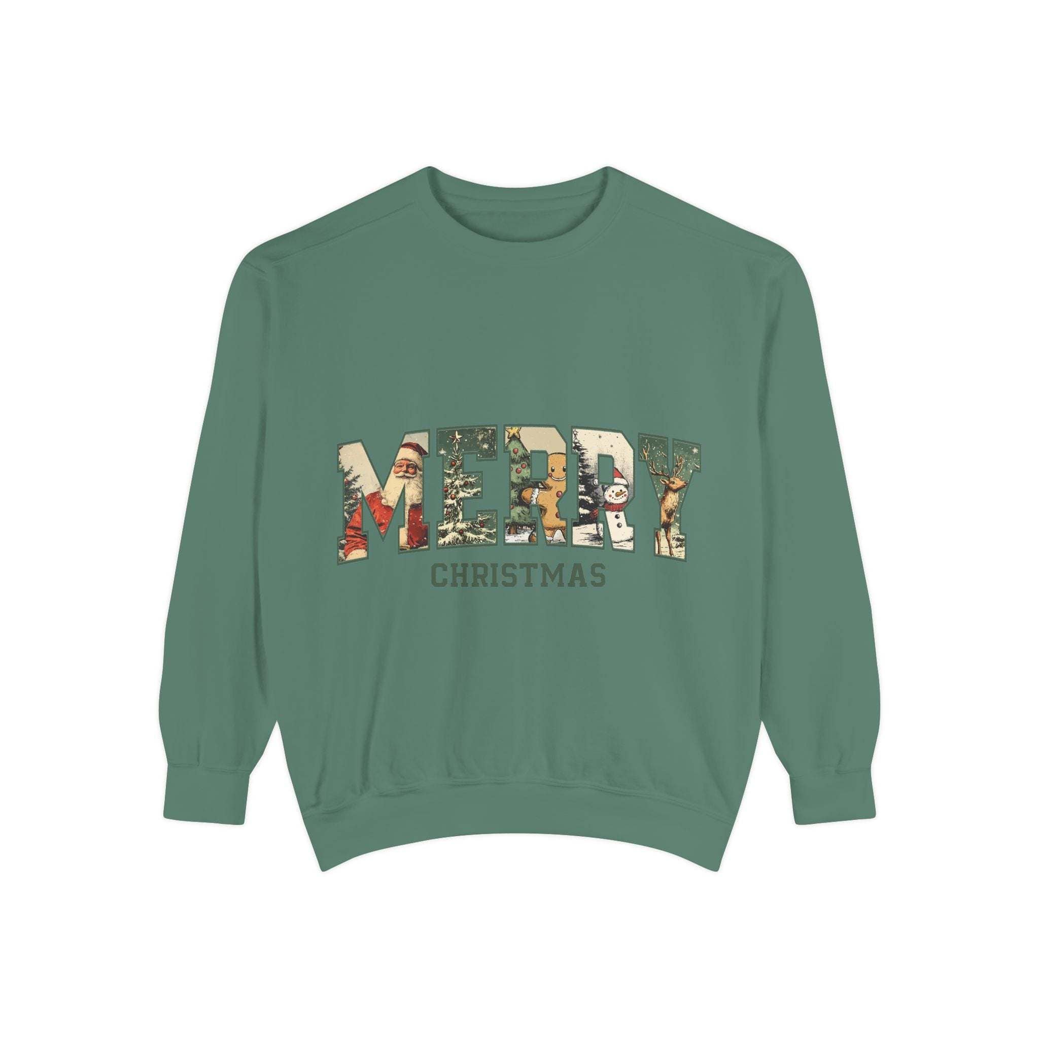 Vintage Varsity Merry Christmas sweatshirt with holiday-themed varsity style print on green fabric