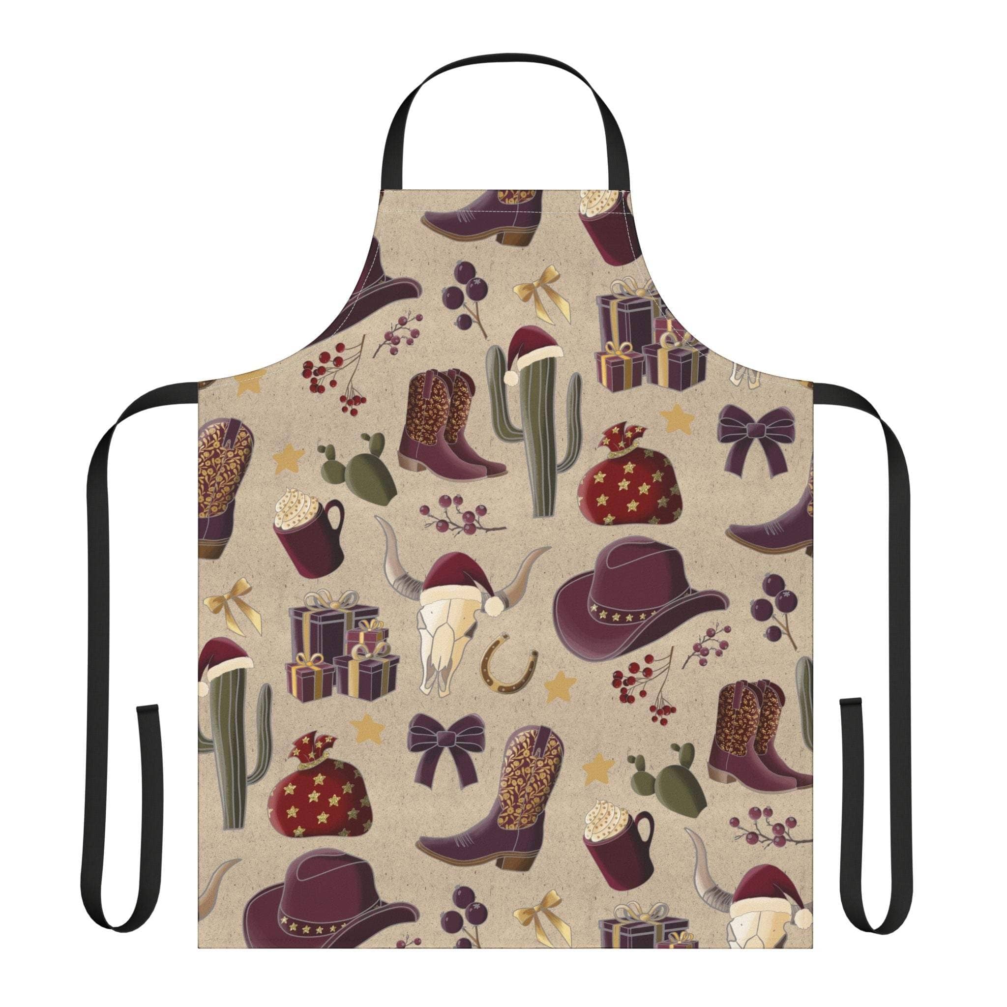 Cowboy Christmas apron with festive western-themed holiday prints on beige fabric and black straps