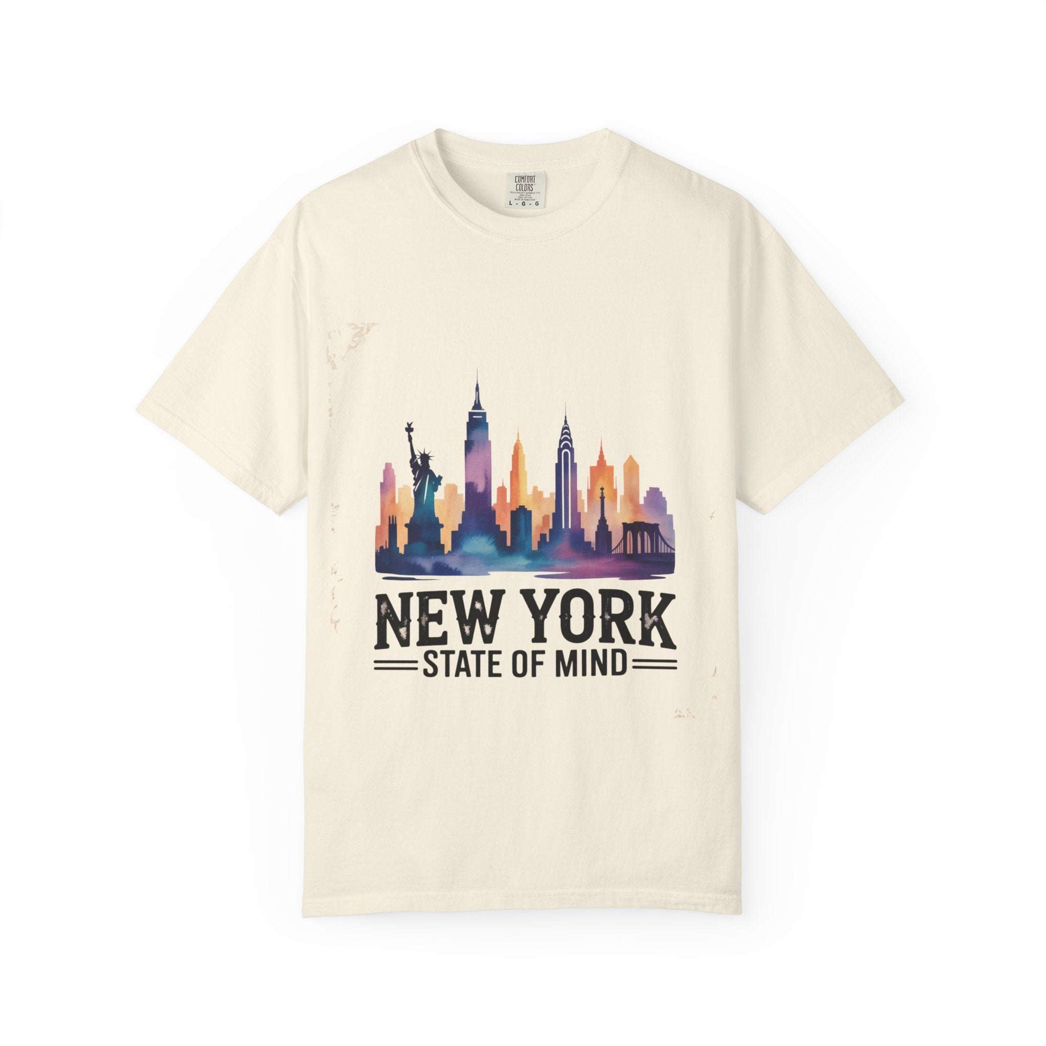 Red garment-dyed t-shirt featuring New York State of Mind design by Printify