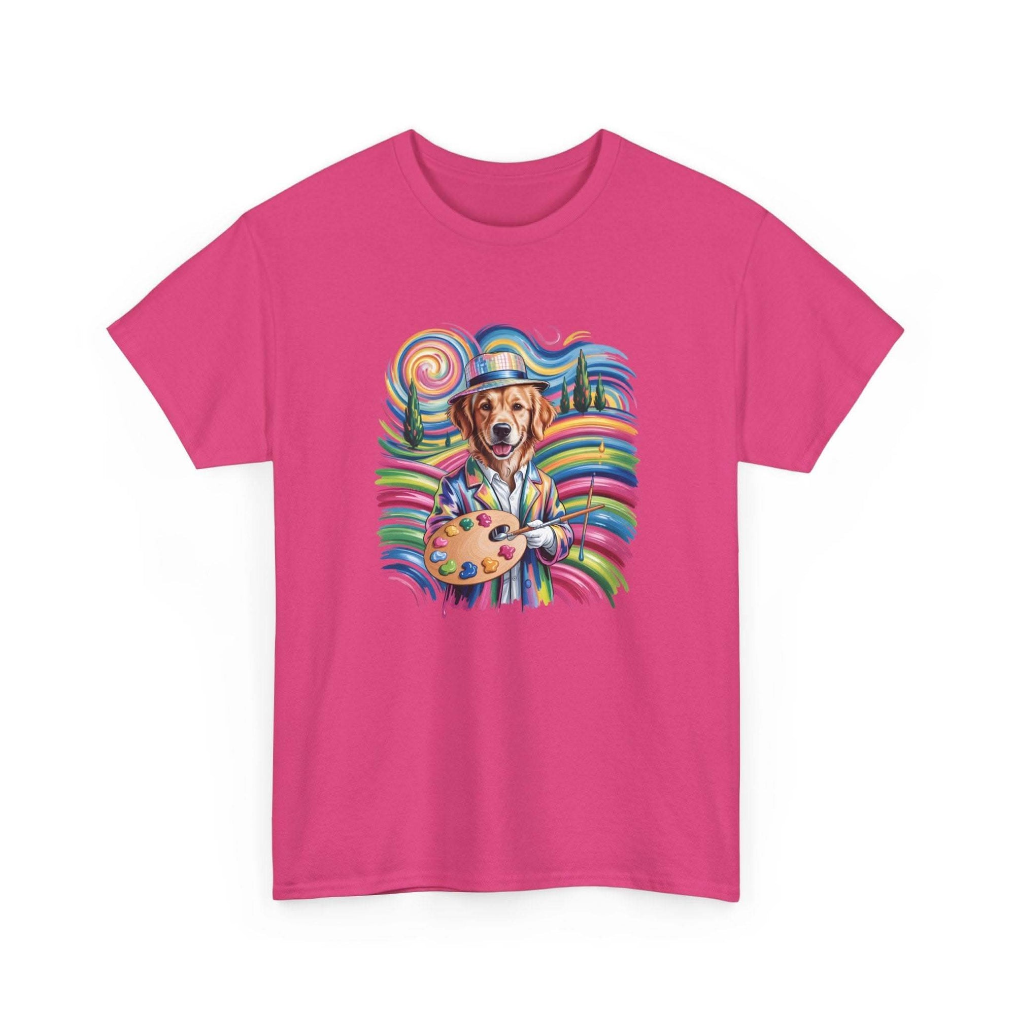 Golden retriever wearing artist beret with paint palette on colorful artist dog t-shirt featuring rainbow swirls