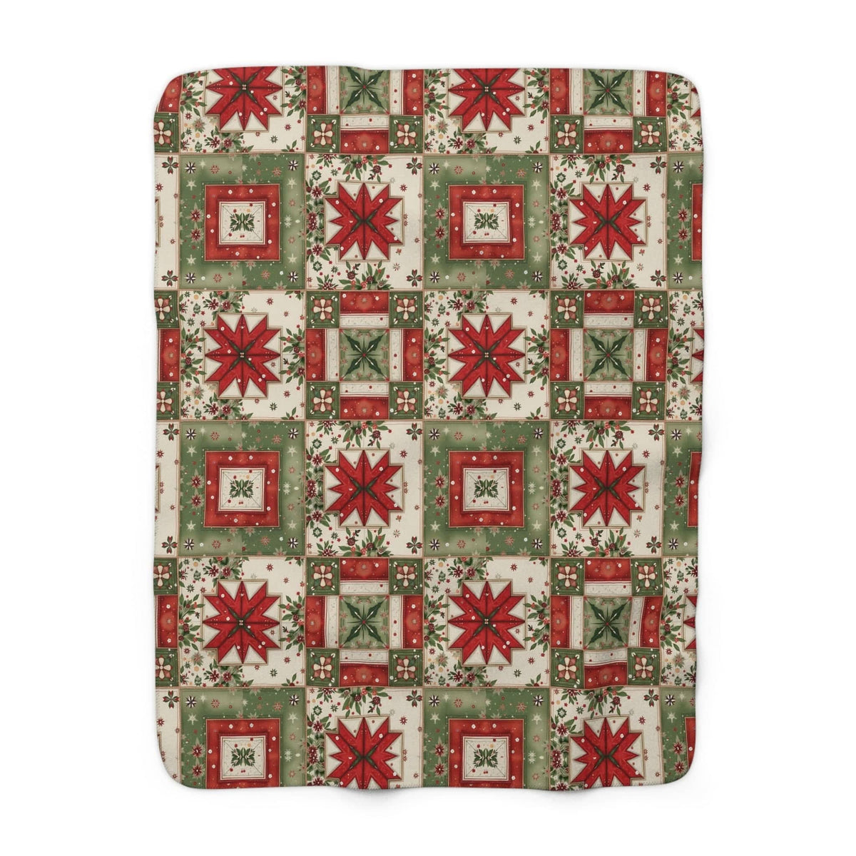 Vintage Christmas patchwork sherpa blanket with red and green star and plaid patterned squares