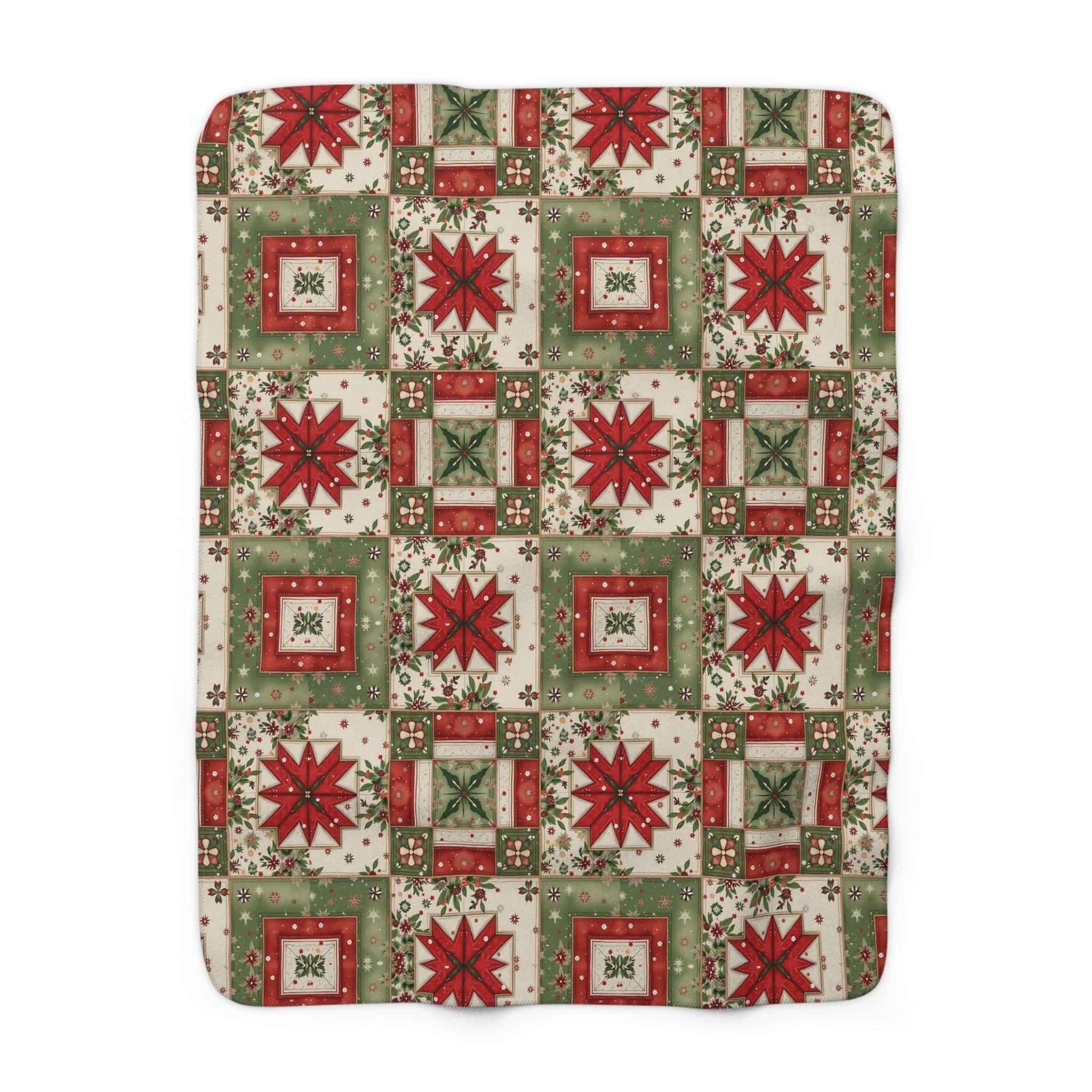 Vintage Christmas patchwork sherpa blanket with red and green star and plaid patterned squares