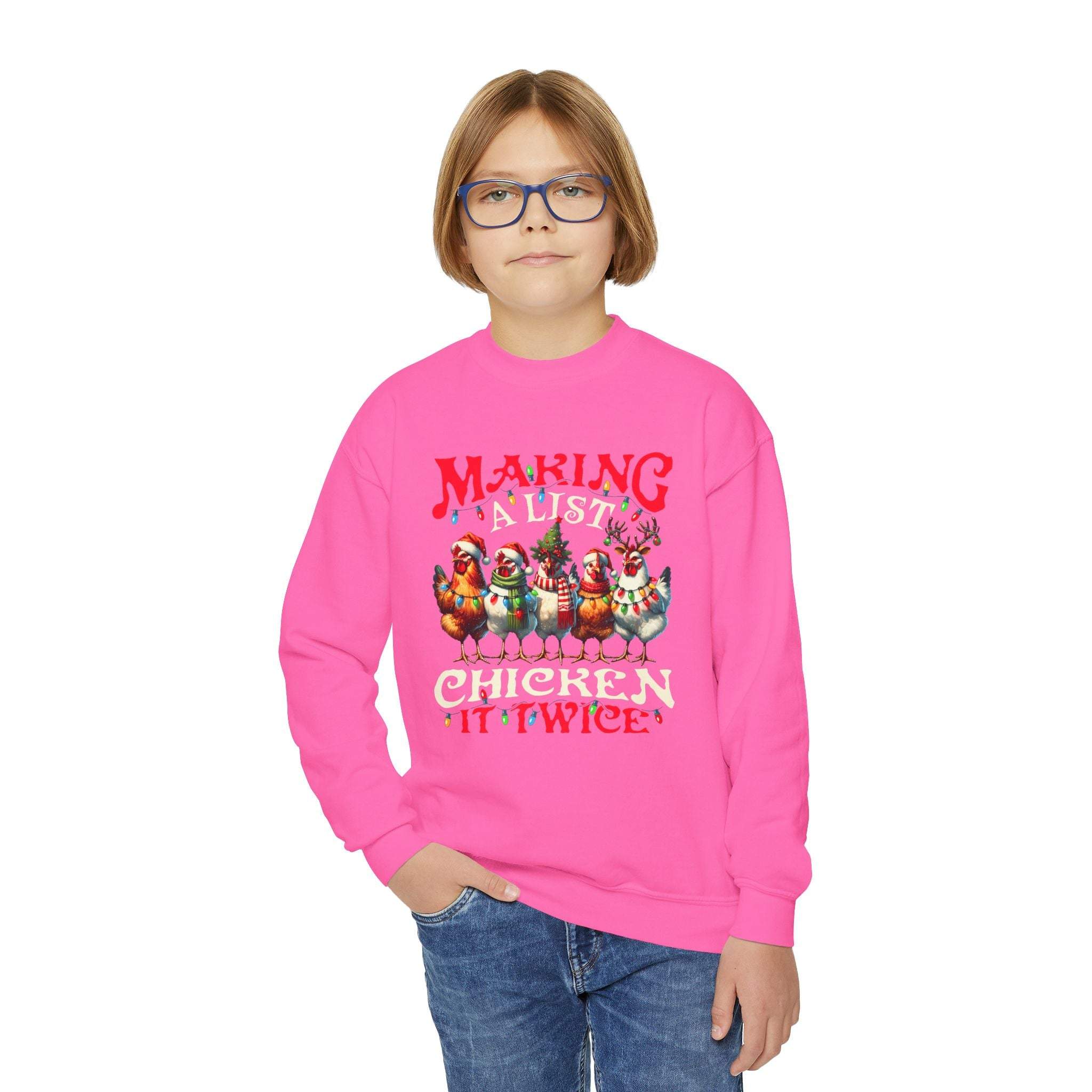 Navy youth crewneck sweatshirt featuring 'Making a List Chicken it Twice' graphic by Printify