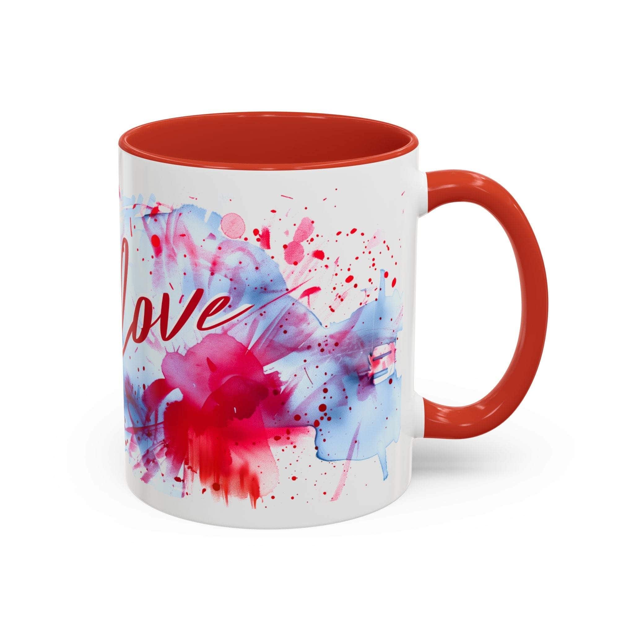 Mug with red interior and handle, featuring abstract art and the word 'love' on a white background.
