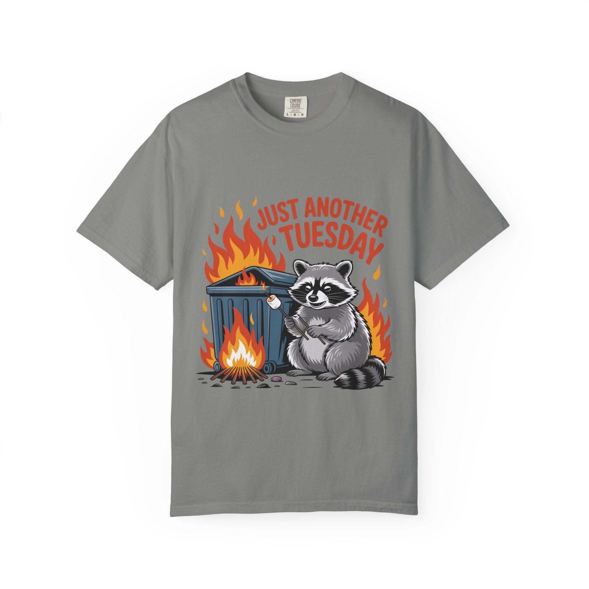 Gray t-shirt with a raccoon graphic and 'Just Another Tuesday' text on a white background