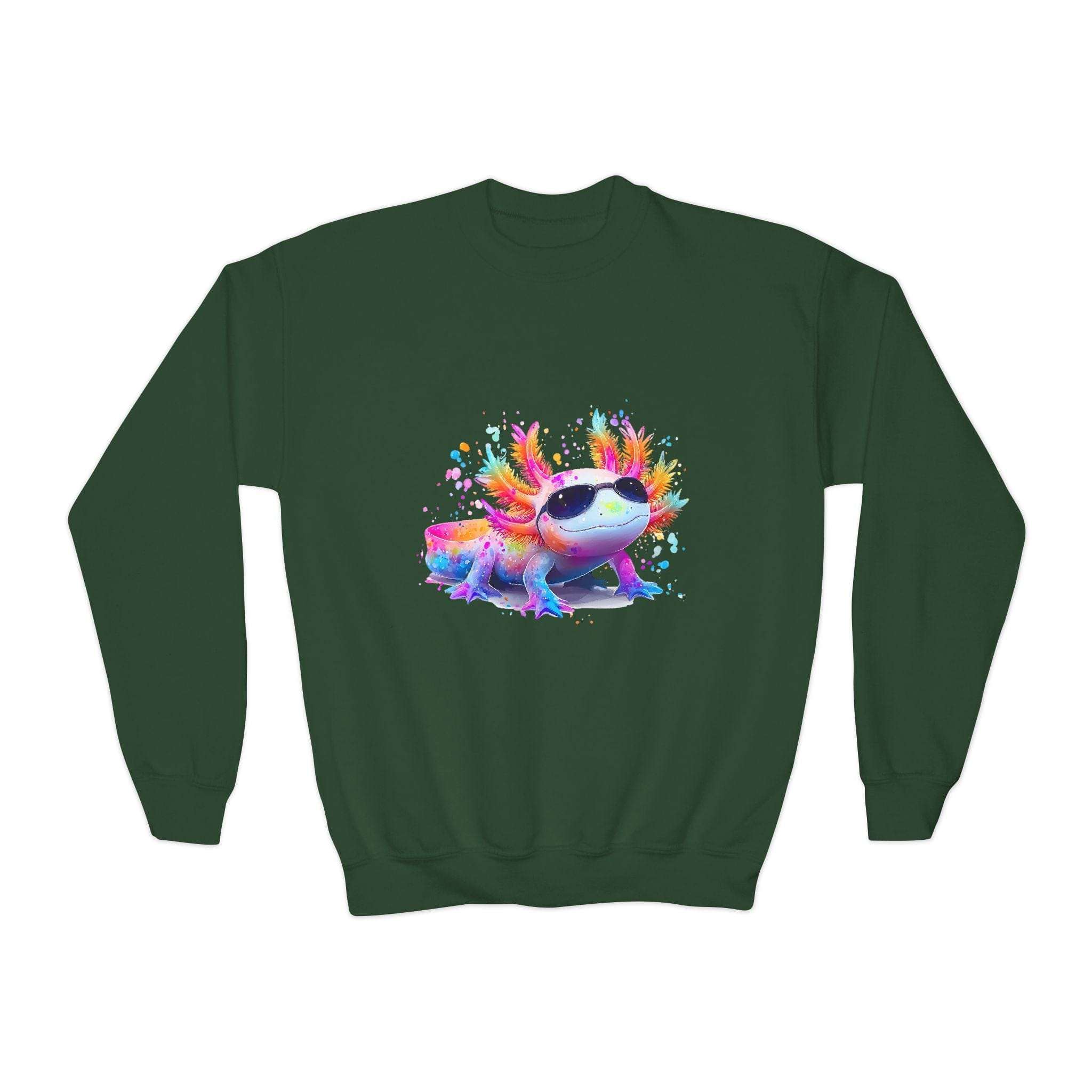 Maroon sweatshirt featuring a colorful rainbow axolotl design for kids by Printify