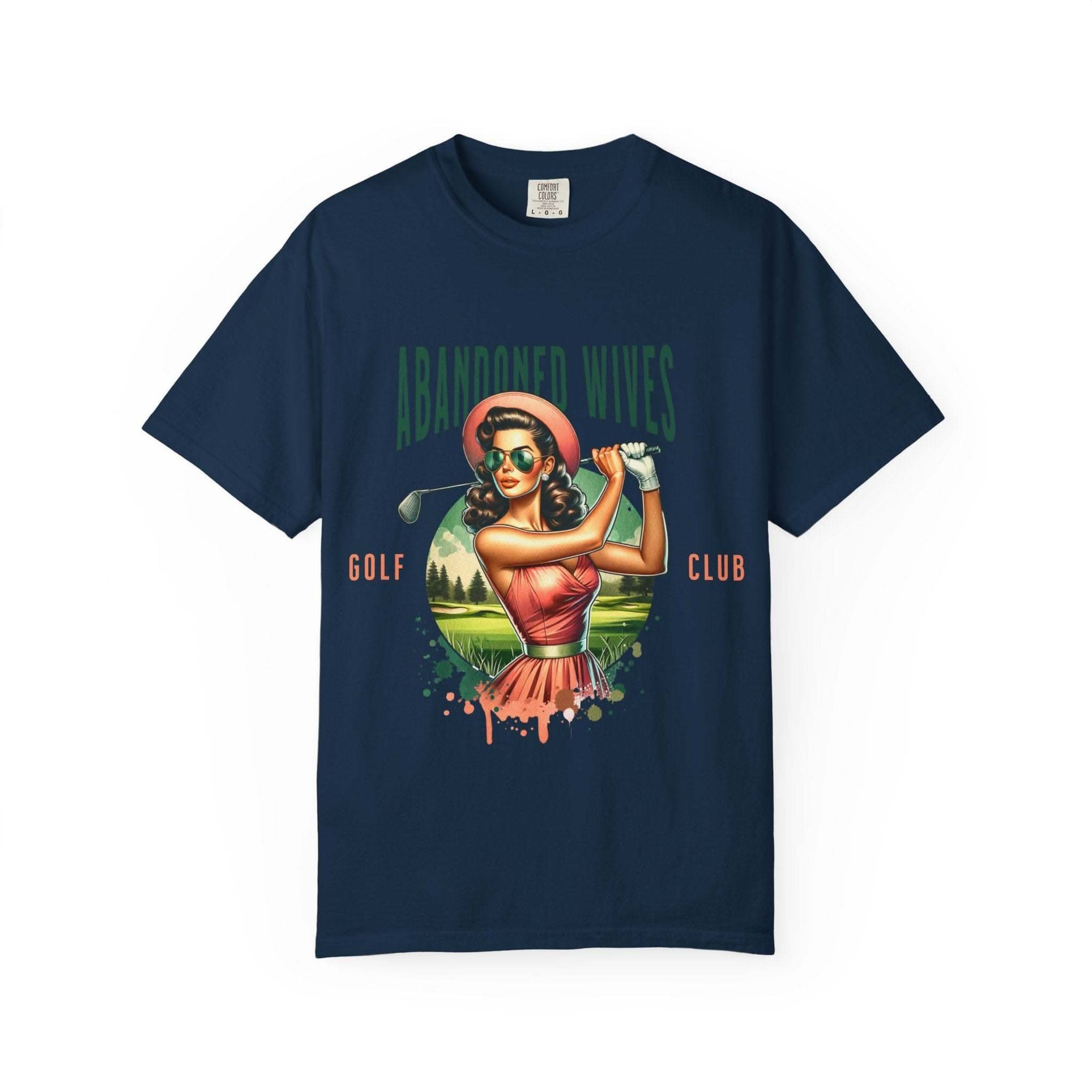 Vintage Unisex T-shirt with Abandoned Wives Golf Club retro design on navy blue cotton fabric