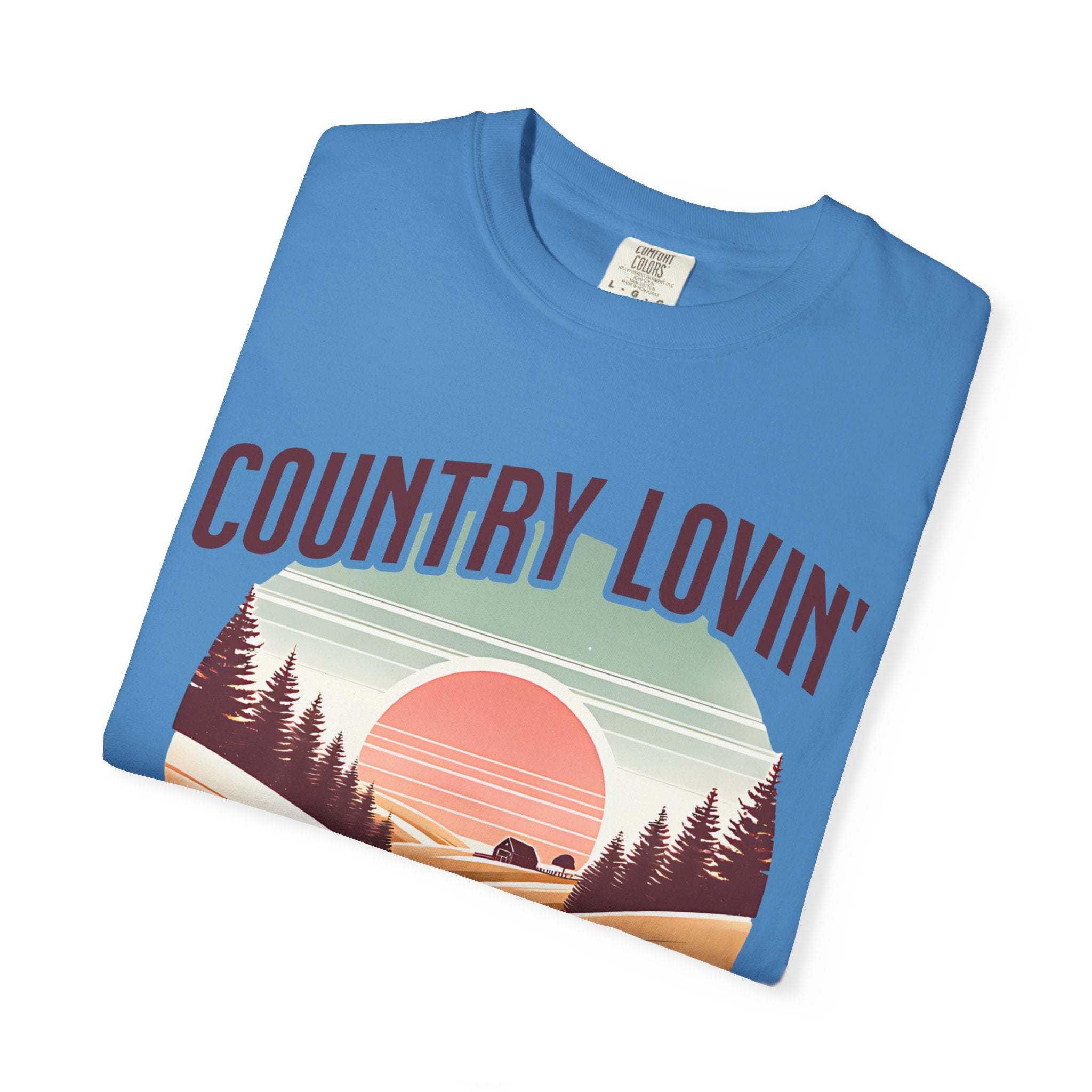 Blue Country Lovin Girl T-shirt with vintage sunset and forest design for country music fans