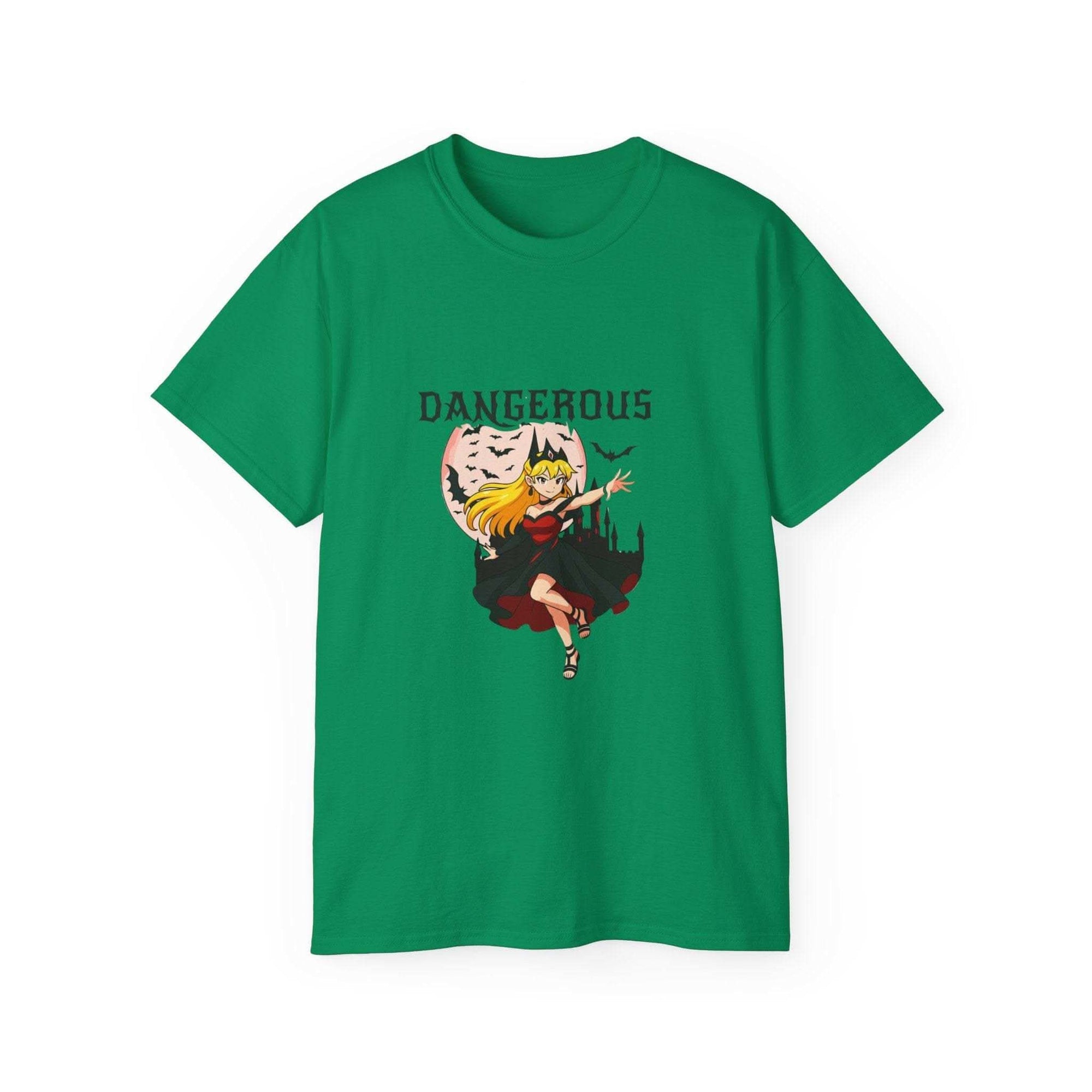White eco-friendly cotton t-shirt featuring anime Halloween Dangerous Girl print in edgy style