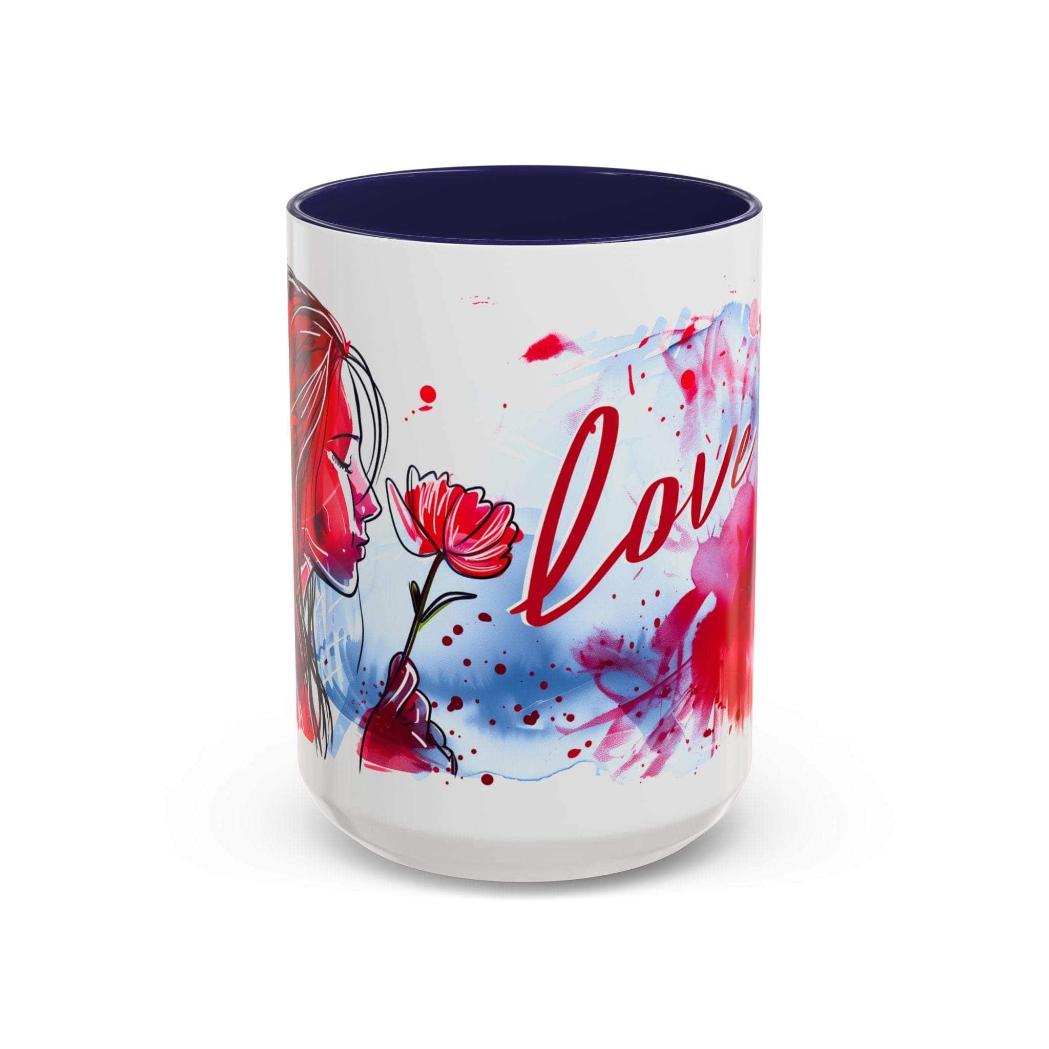 Valentines Floral Love Accent Coffee Mug with artistic heart and flower design, colored interior, and C-shaped handle