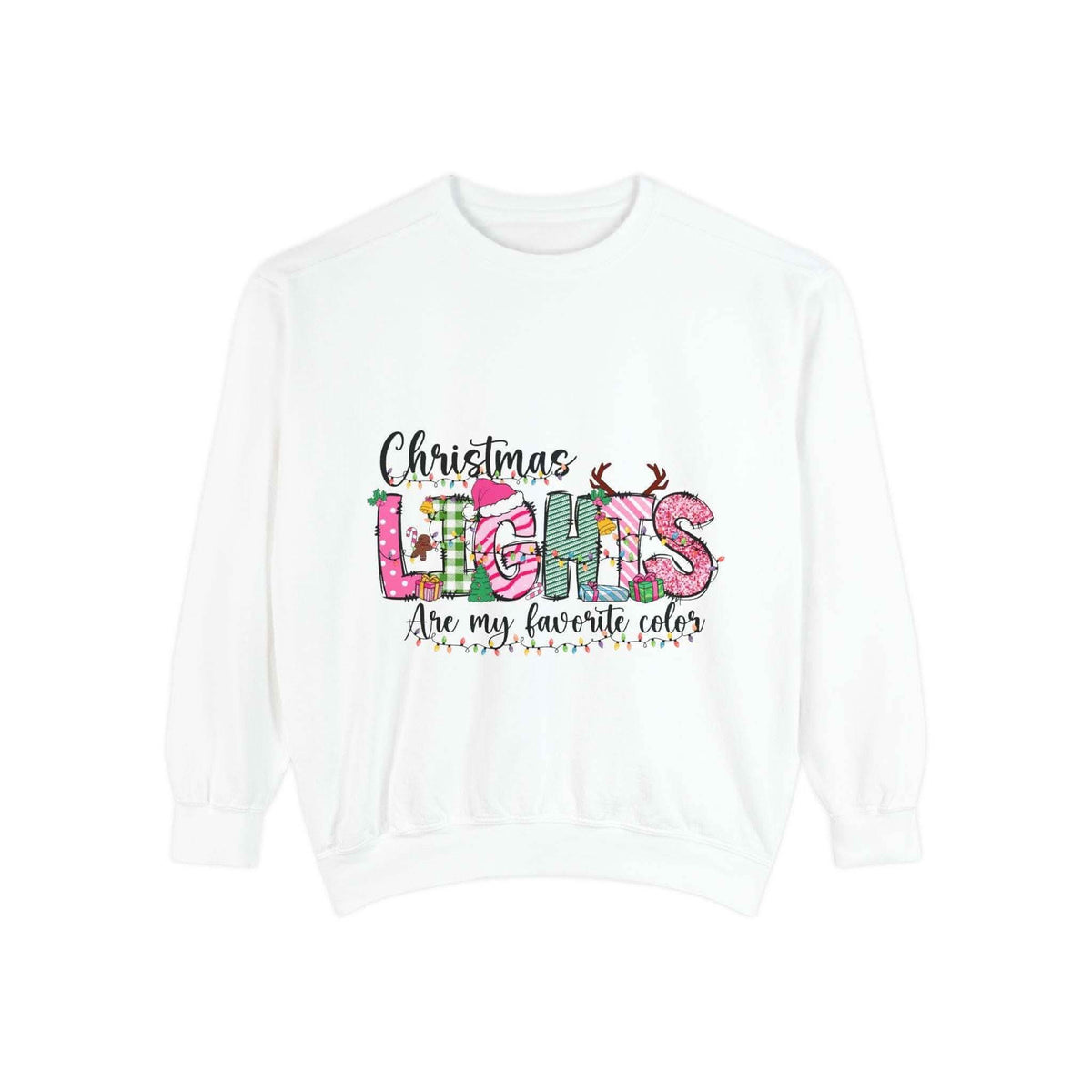 White Christmas Lights garment-dyed sweatshirt with festive colorful lettering and cozy ribbed cuffs and collar