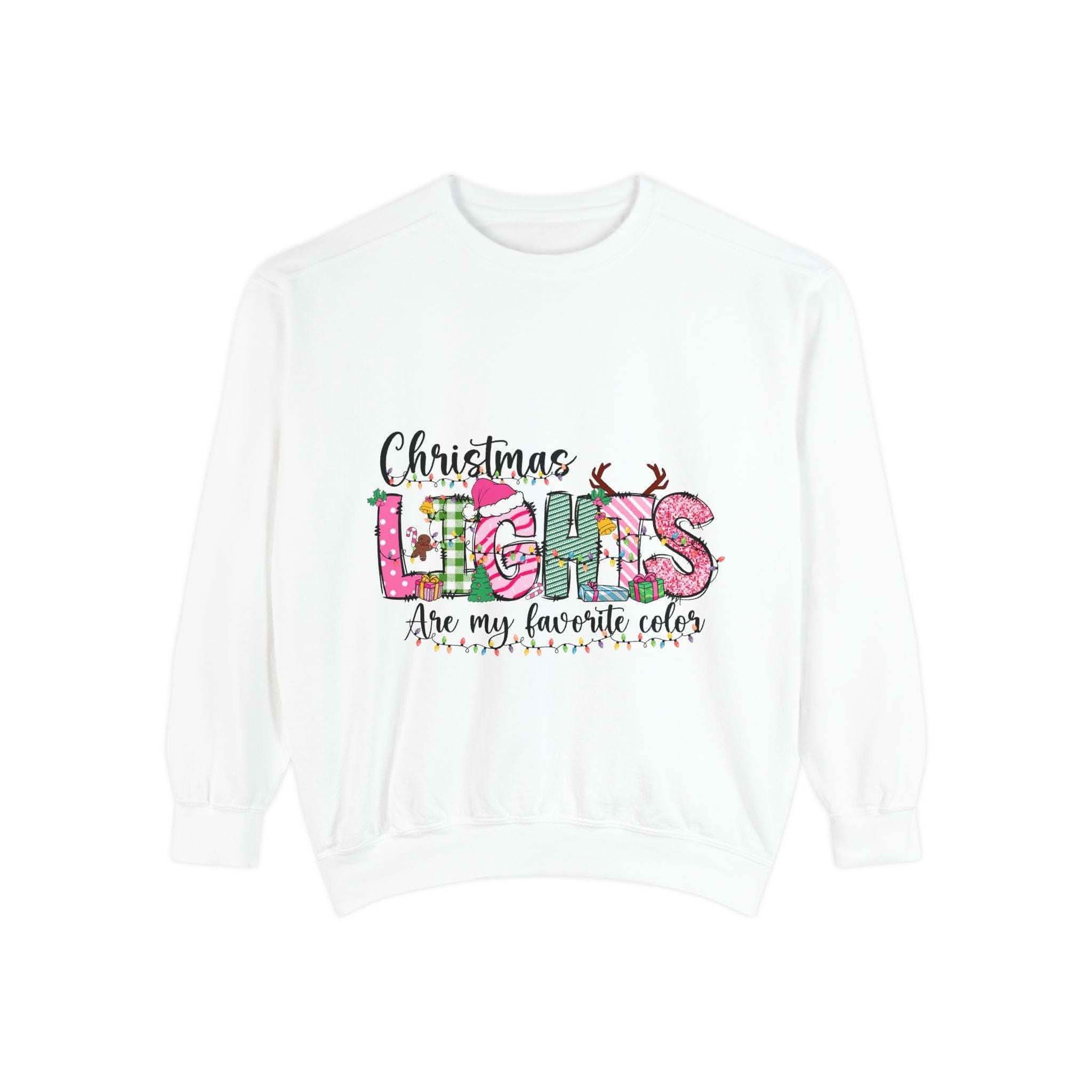 White Christmas Lights garment-dyed sweatshirt with festive colorful lettering and cozy ribbed cuffs and collar
