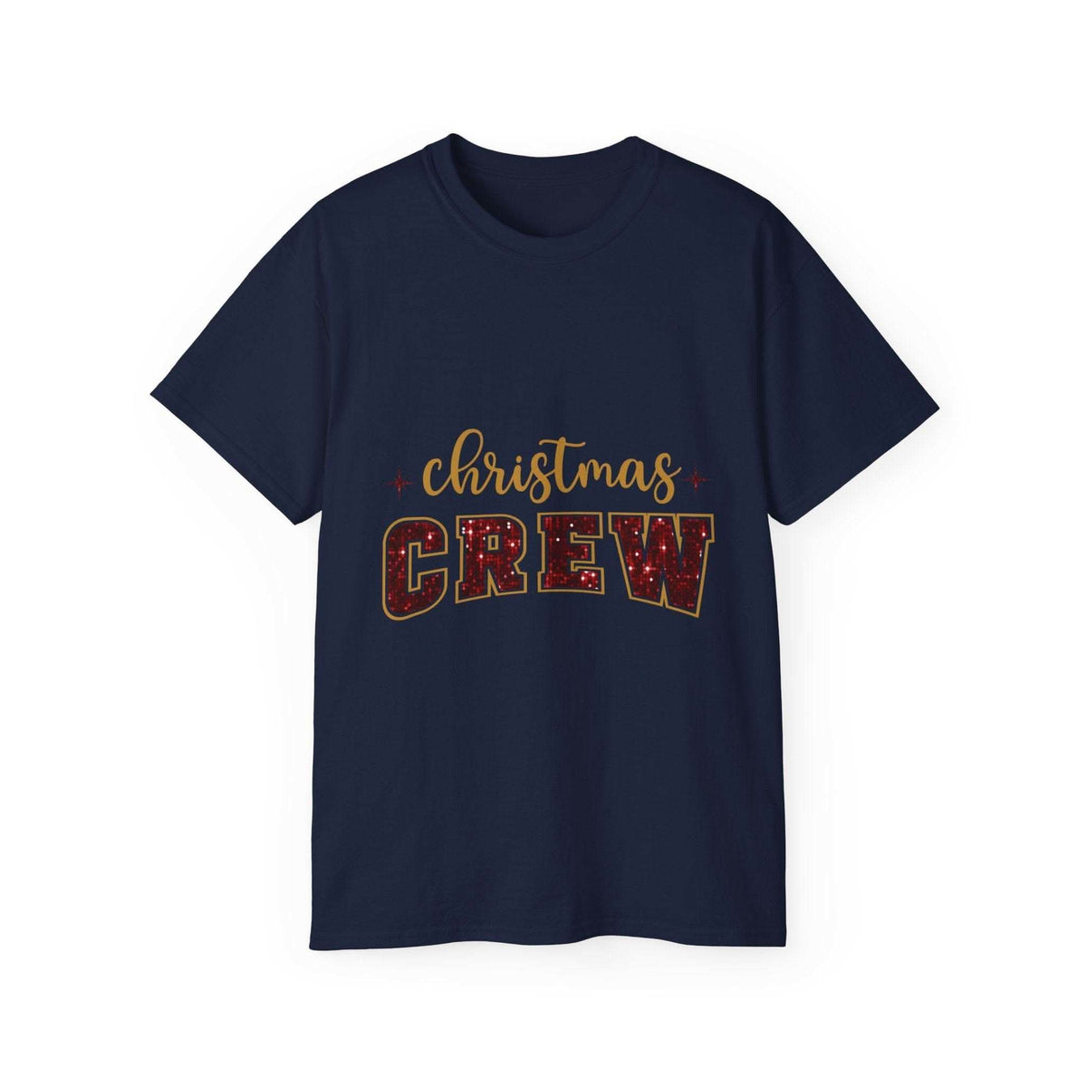Antique Cherry Red faux glitter Christmas crew t-shirt from Printify, sized S for festive holiday wear.