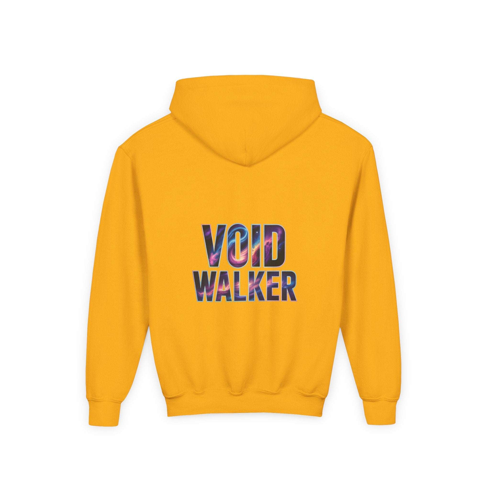Yellow kids hoodie with cosmic void walker galaxy print on back, comfortable blend fabric, kangaroo pocket, space-themed design