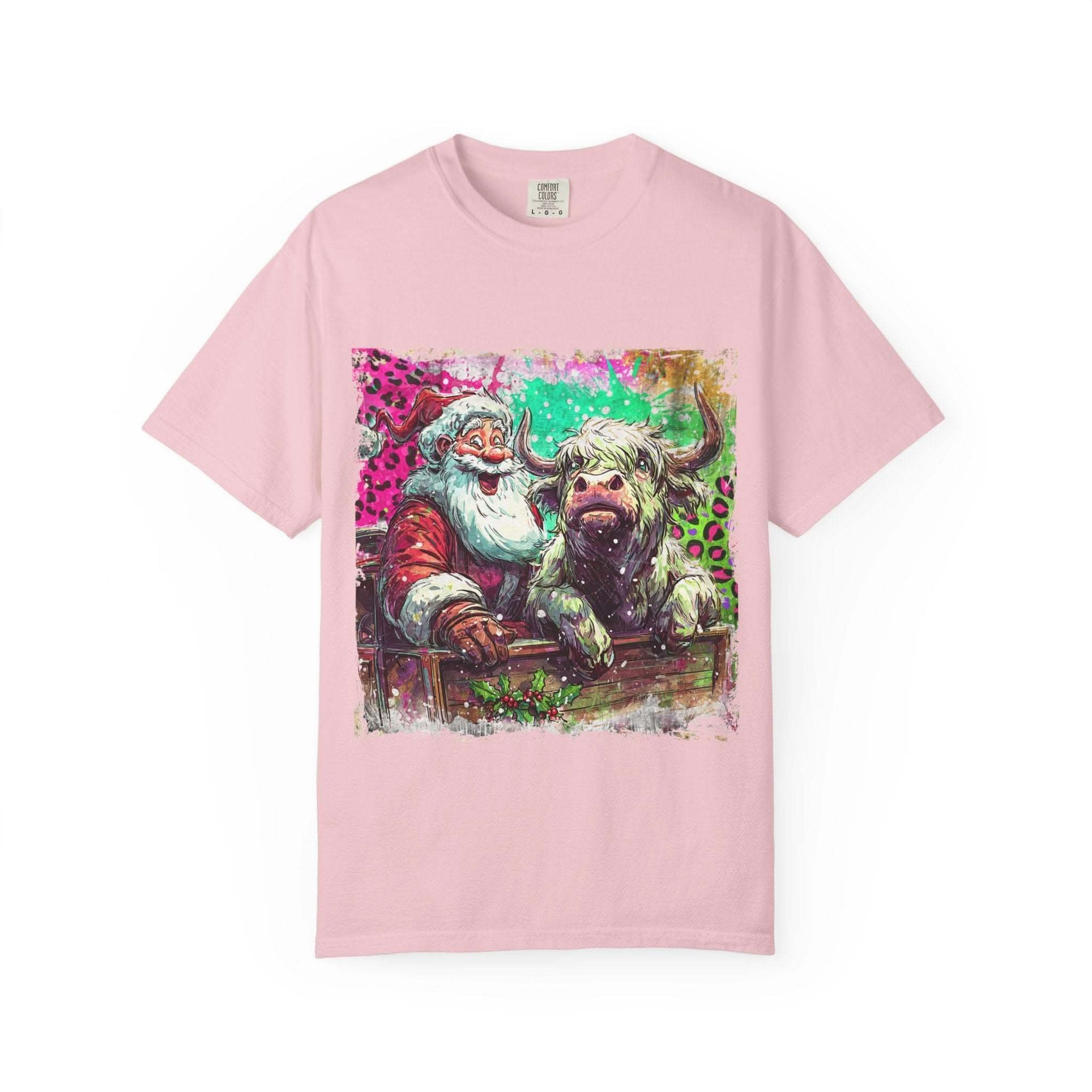 Retro Santa and Highland Cow graphic on a black t-shirt by Printify, perfect for festive holiday wear.