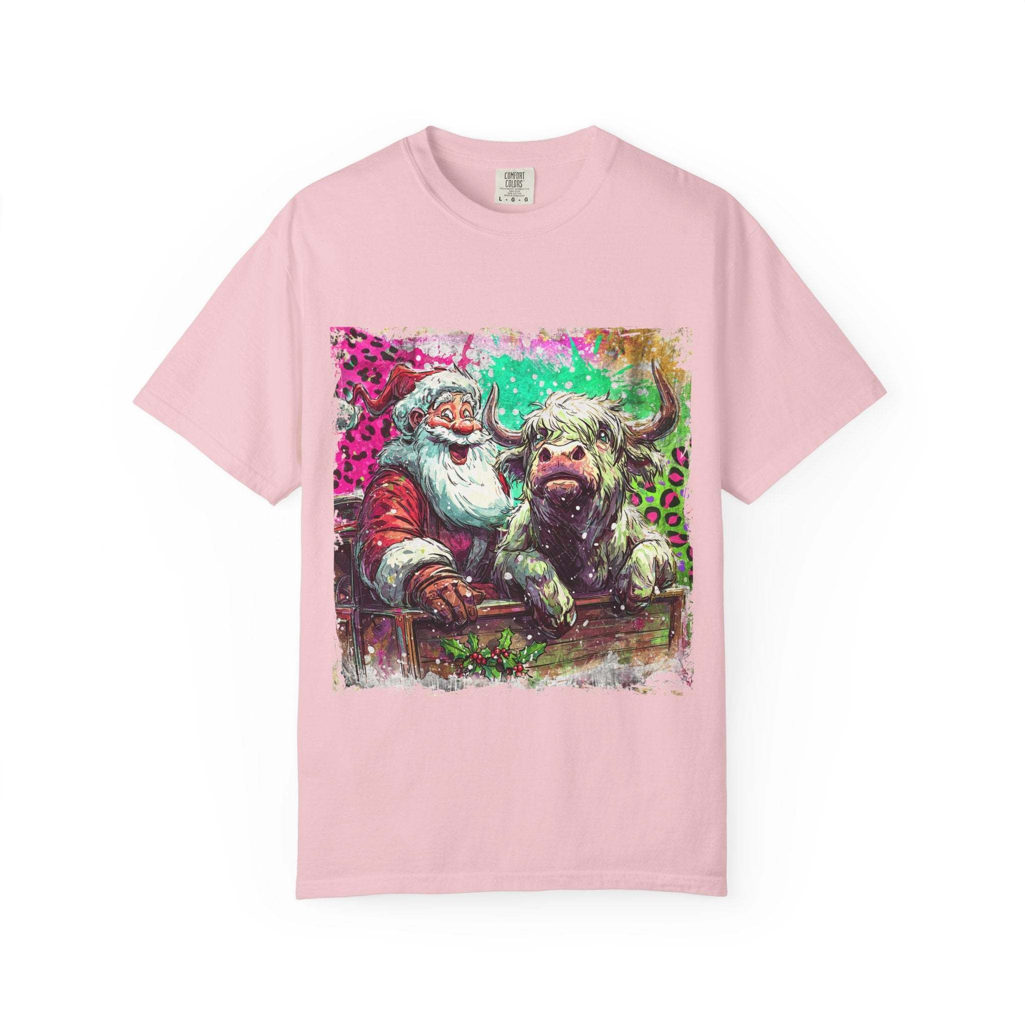 Retro Santa and Highland Cow graphic on a black t-shirt by Printify, perfect for festive holiday wear.