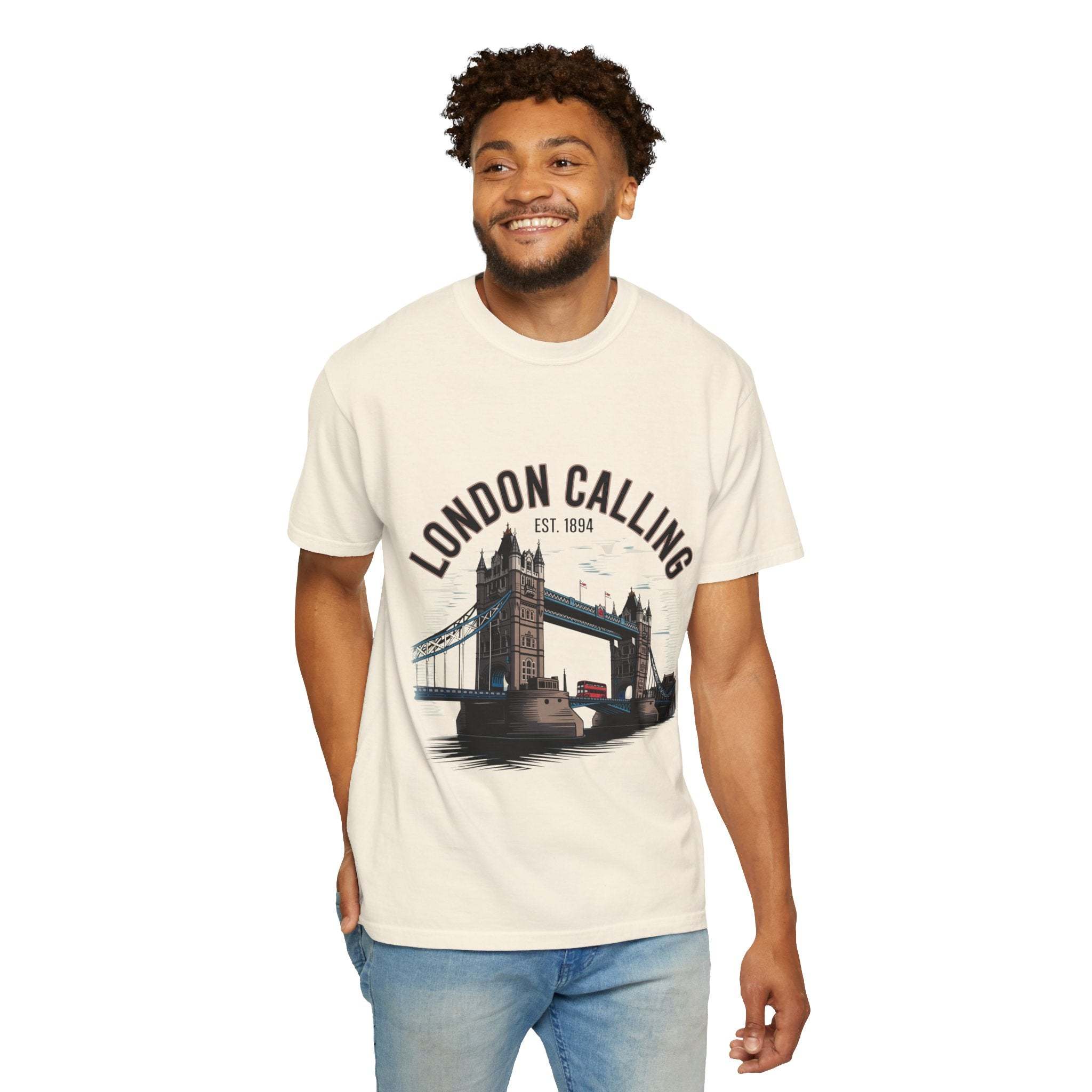 Unisex London Calling Travel T-shirt with Tower Bridge graphic, garment-dyed cotton for comfort and durability