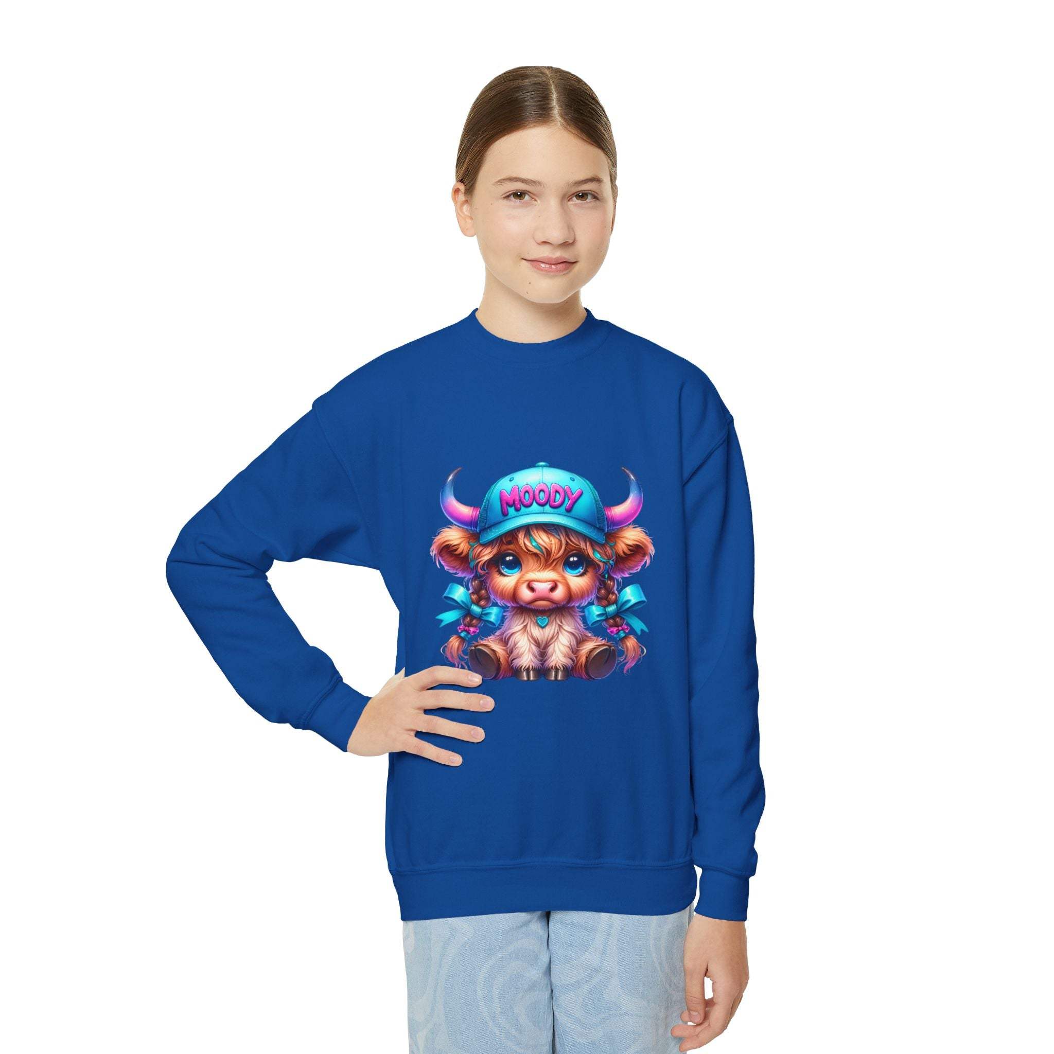 Youth Moody Girl Highland Cow sweatshirt in blue with playful cow graphic and ribbed collar